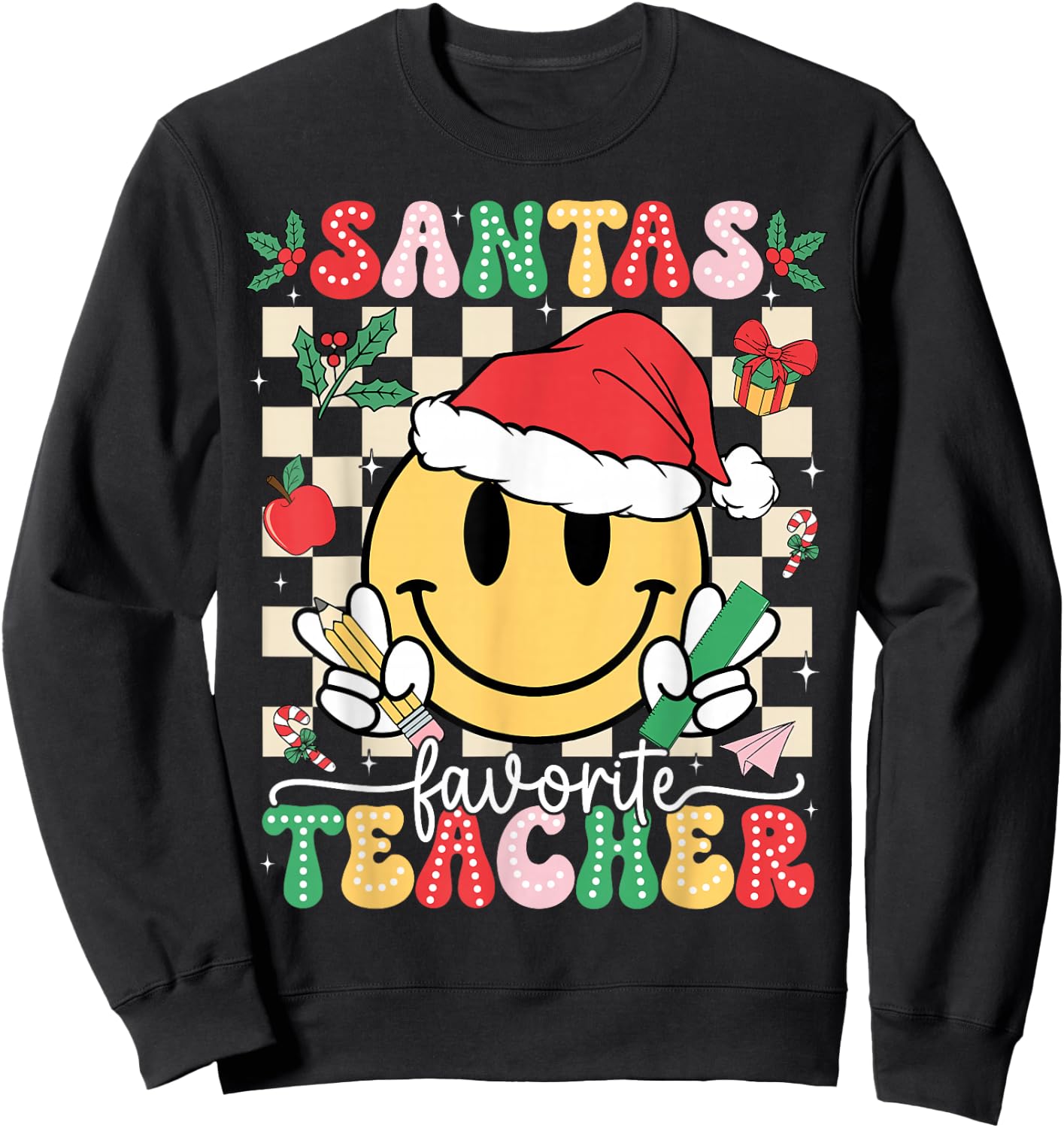 Santas Favorite Teacher Retro Groovy Smile Face Christmas Sweatshirt - Sweatshirt | Black