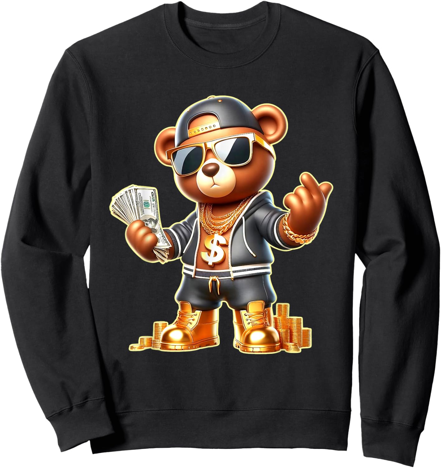 Golden Teddy Bear Money Stacks Golden Chain Gangsta Sweatshirt - Sweatshirt | Black
