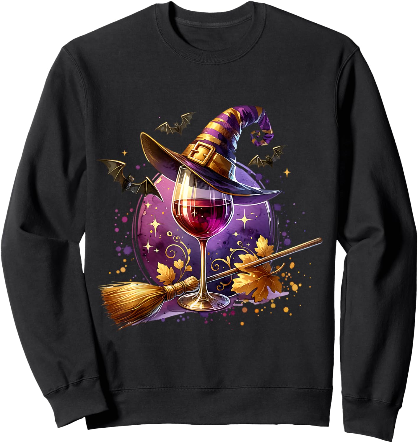 Halloween Witch Hat Wine Glass Cute Wine Lover Halloween Sweatshirt - Sweatshirt | Black