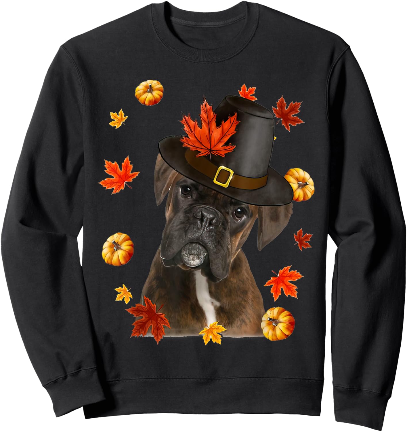 Boxer Dog Pilgrim Hat Fall Happy Thanksgiving Day Sweatshirt - Sweatshirt | Black