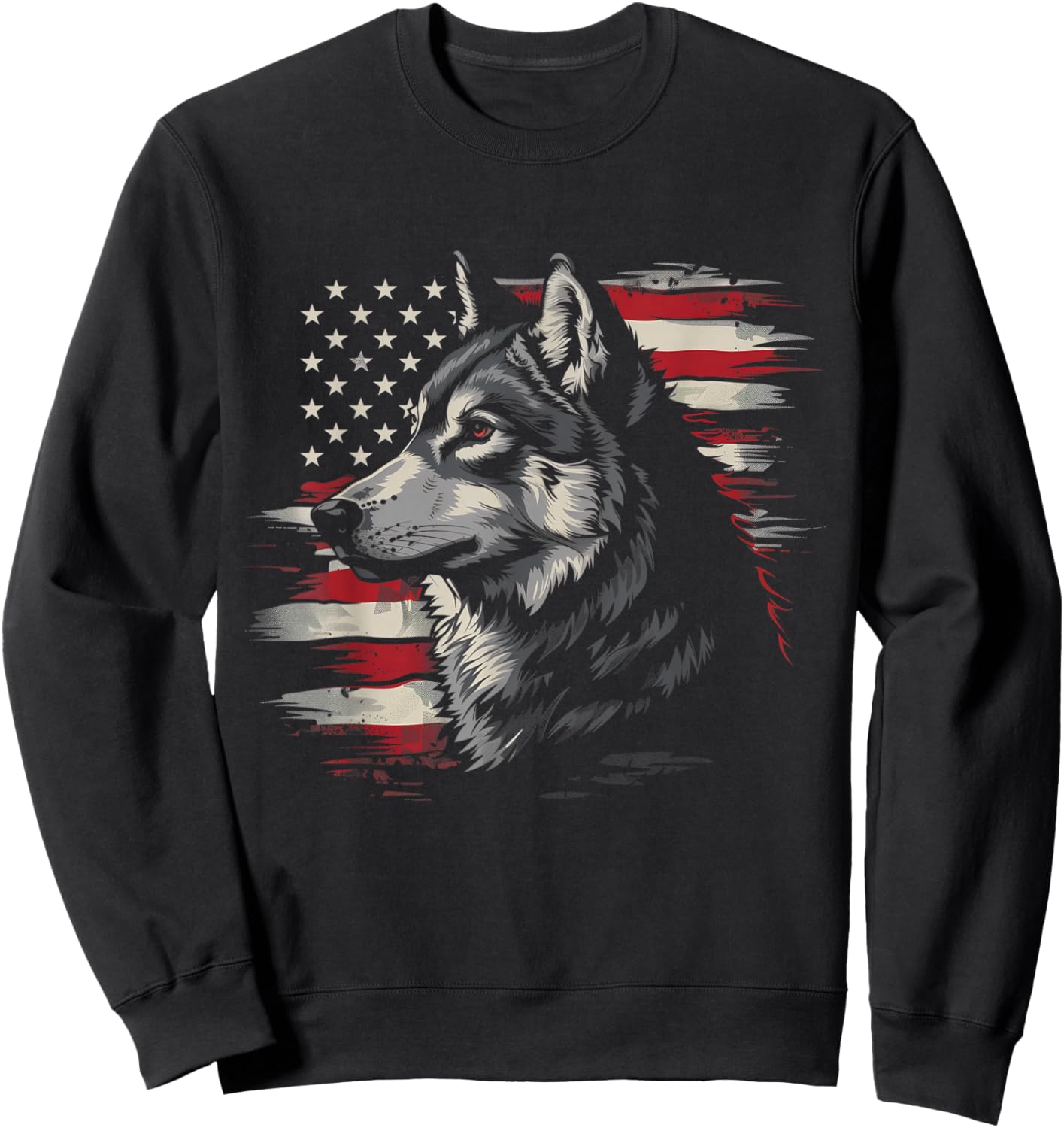 Wolf American Flag USA Patriotic Wolf Lover Sweatshirt - Sweatshirt | Black