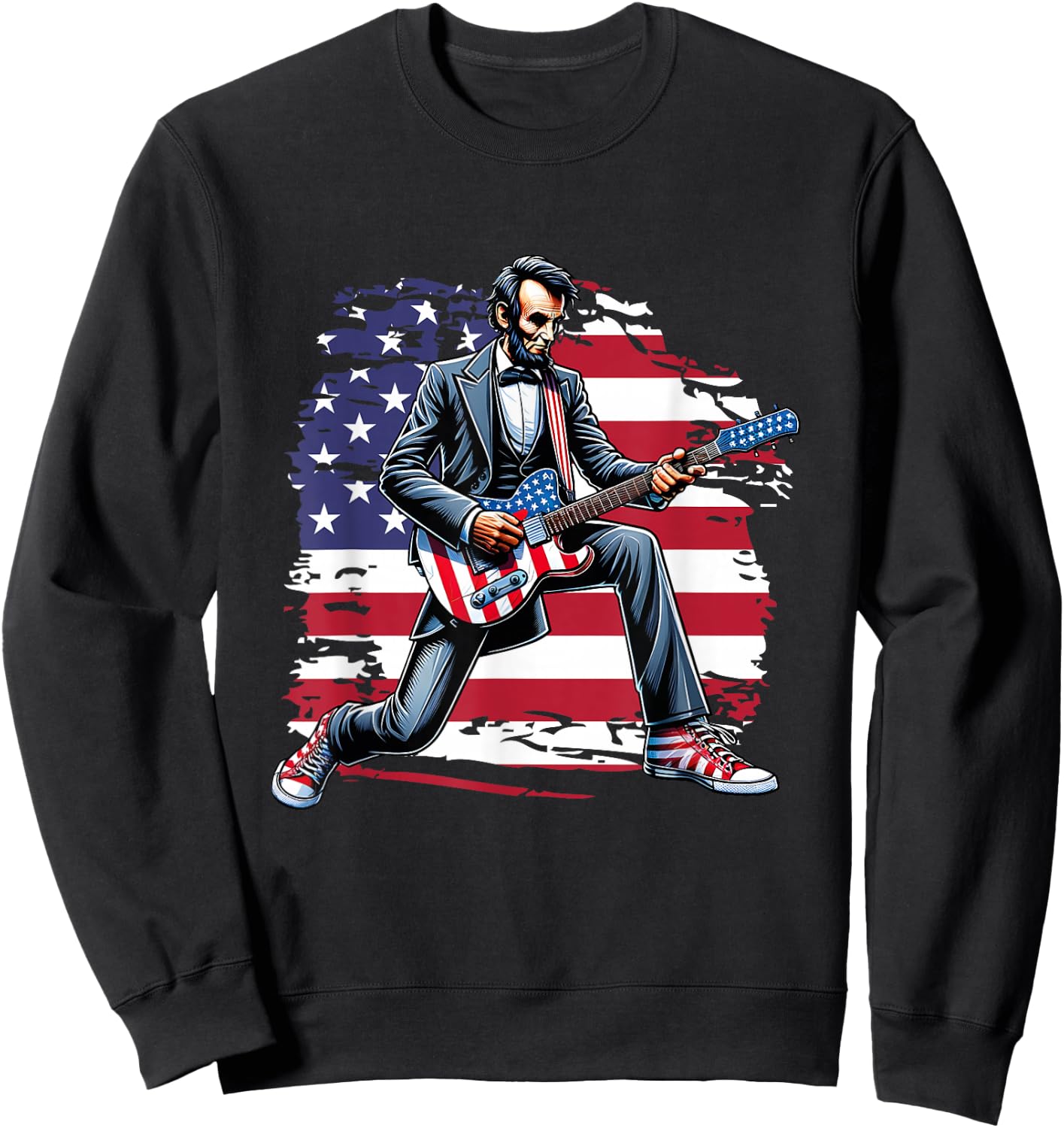 American Flag Patriotic Rock Guitar Abe Lincoln 4th Of July Sweatshirt - Sweatshirt | Black