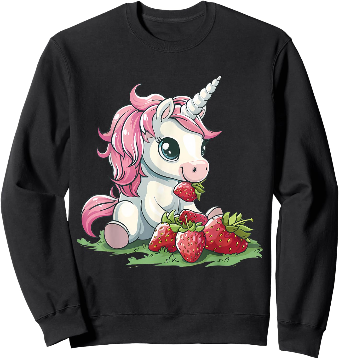 Strawberry Unicorn Cute Strawberries Drawing Motif Sweatshirt - Sweatshirt | Black