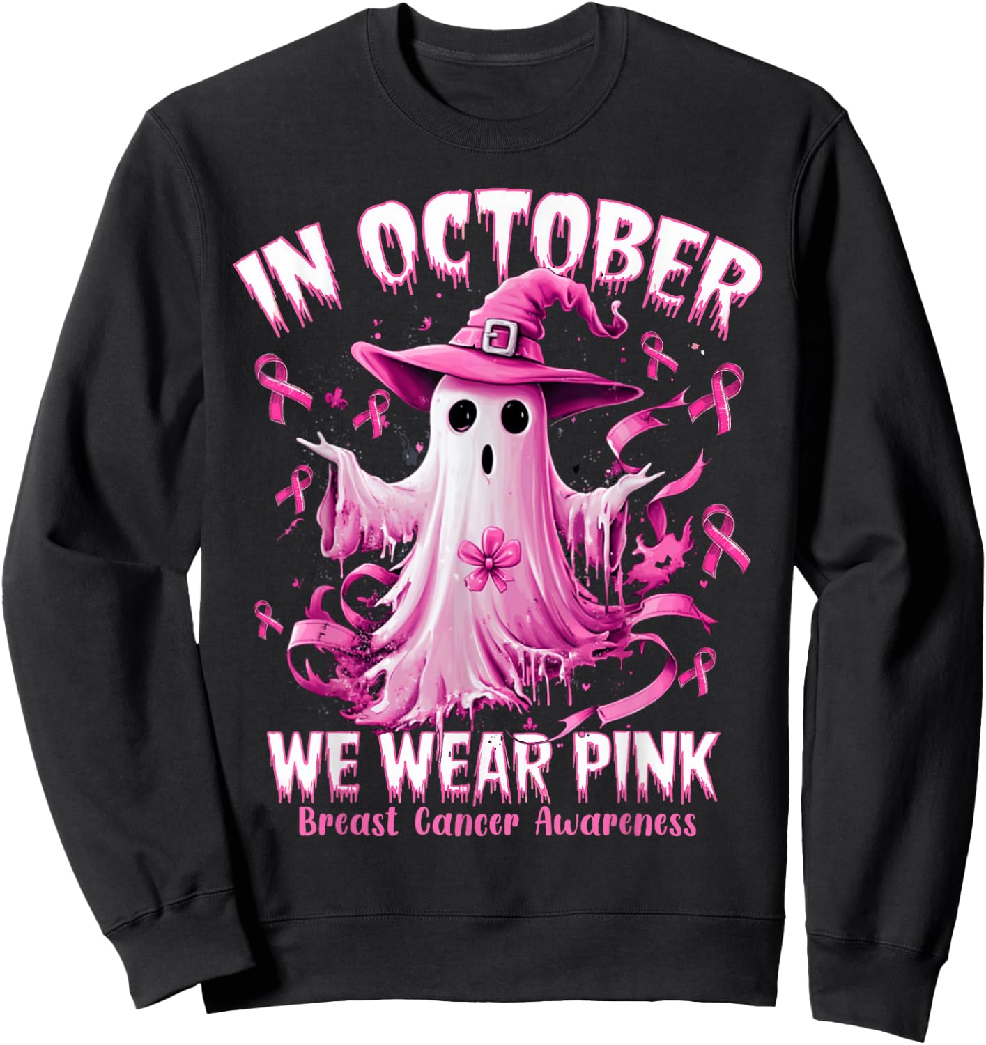 In October We Wear Pink Ghost Witch Breast Cancer Awareness Sweatshirt - Sweatshirt | Black