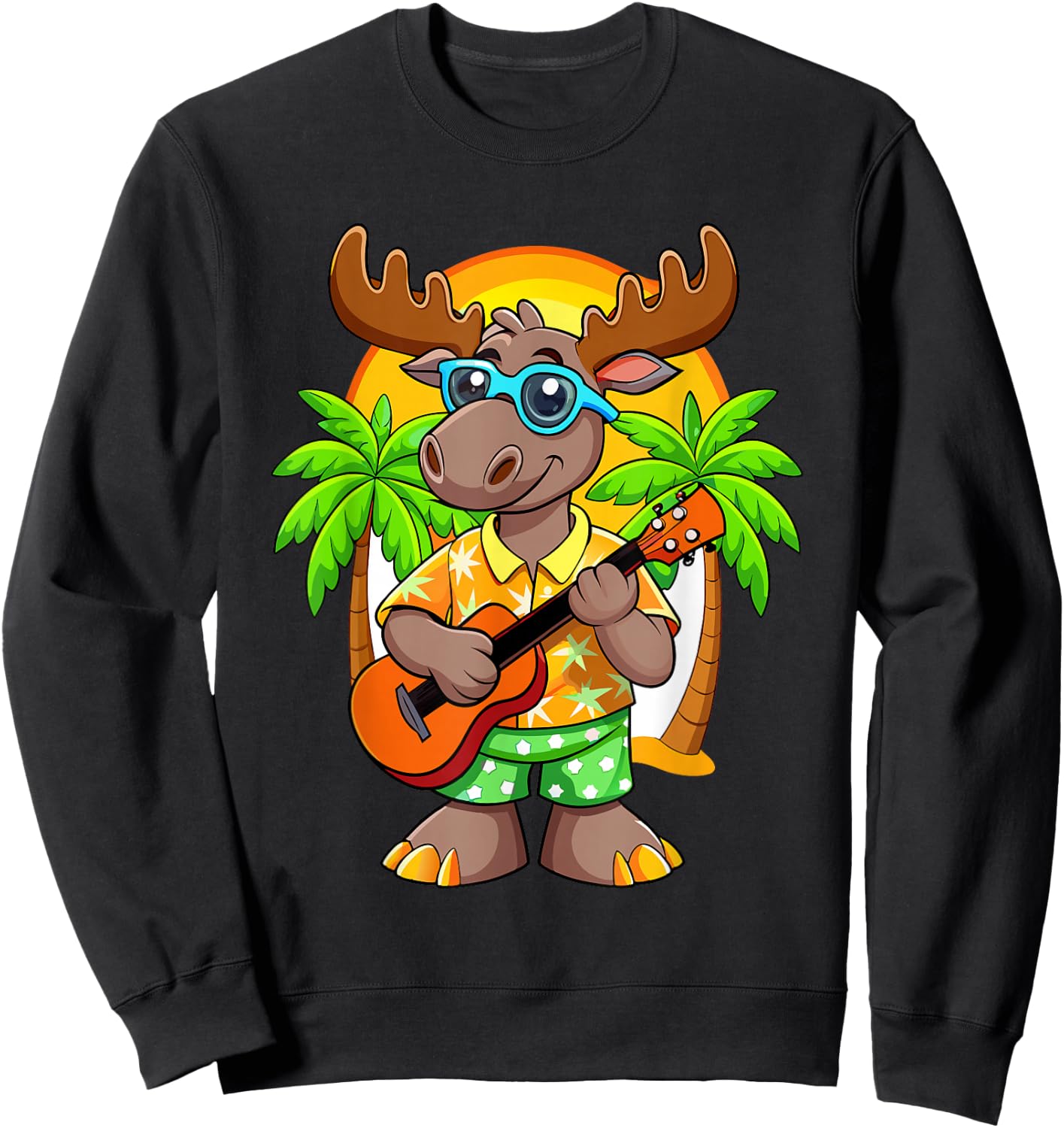 Funny Moose Summer Beach Sunglasses Hawaiian with Ukelele Sweatshirt - Sweatshirt | Black