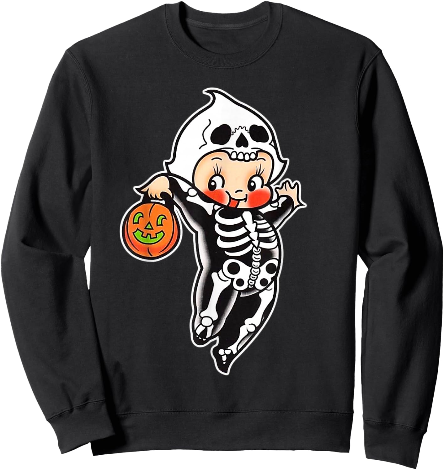 Kewpie Baby Spooky Skeleton Halloween Costume Tattoo Flash Sweatshirt - Sweatshirt | Black