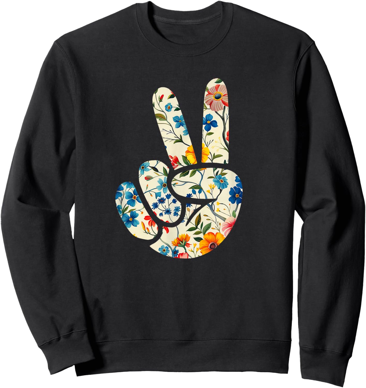 Elegant Silhouette Wildflowers Floral Peace Sign Hand Sweatshirt - Sweatshirt | Black