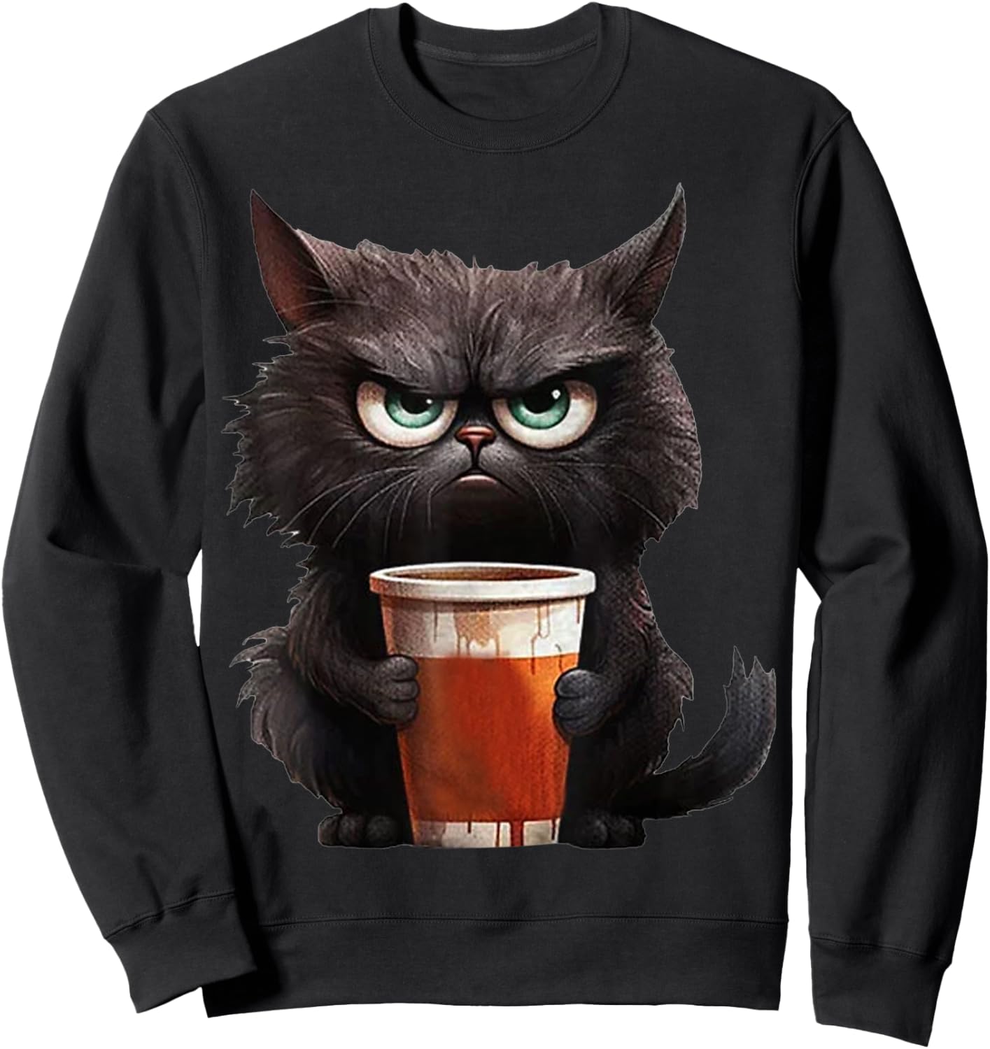 Cute Black Cat drinking coffee cup - Grumpy angry black cat Men Women Kids Sweatshirt - Sweatshirt | Black