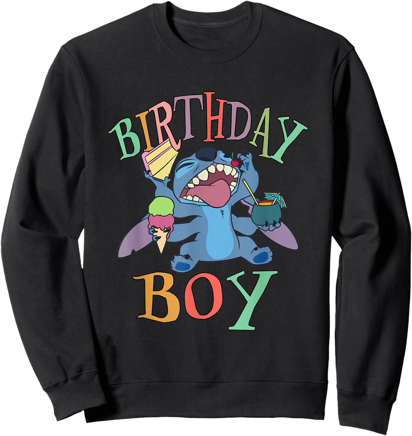Disney Lilo & Stitch Birthday Boy Stitch Enjoying Big Logo Sweatshirt - Sweatshirt | Black