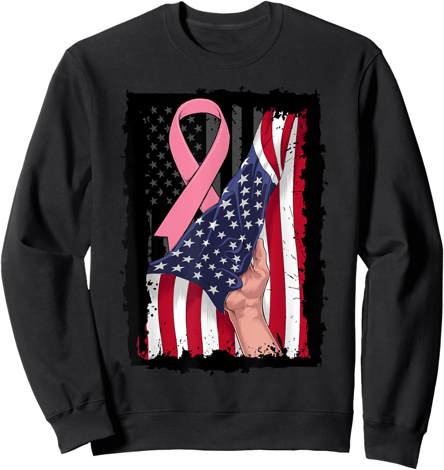 Pink Breast Cancer Awareness American USA Flag 4th of July Women Kids Men Sweatshirt - Sweatshirt | Black
