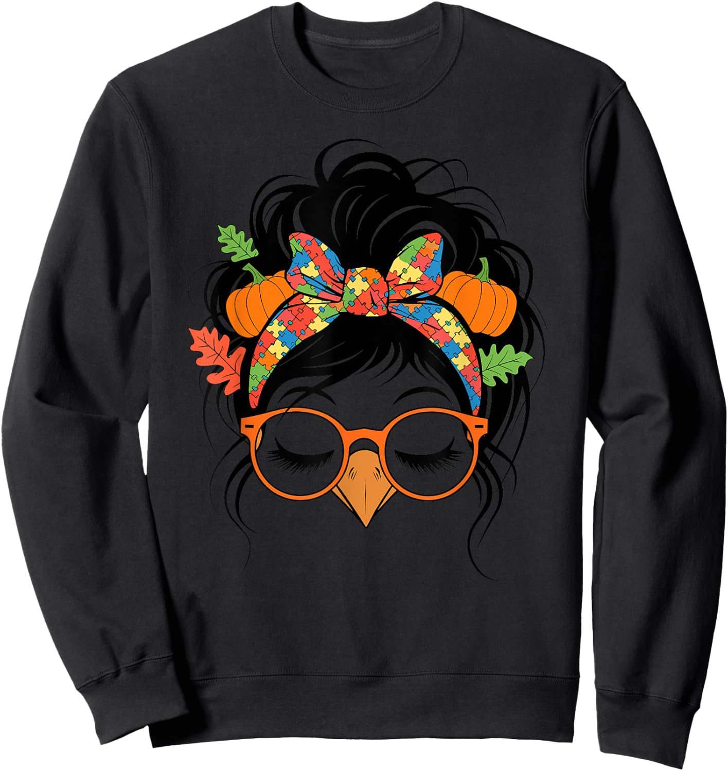 Autism Messy Bun Hair Turkey Fall Thanksgiving Girls Sweatshirt - Sweatshirt | Black