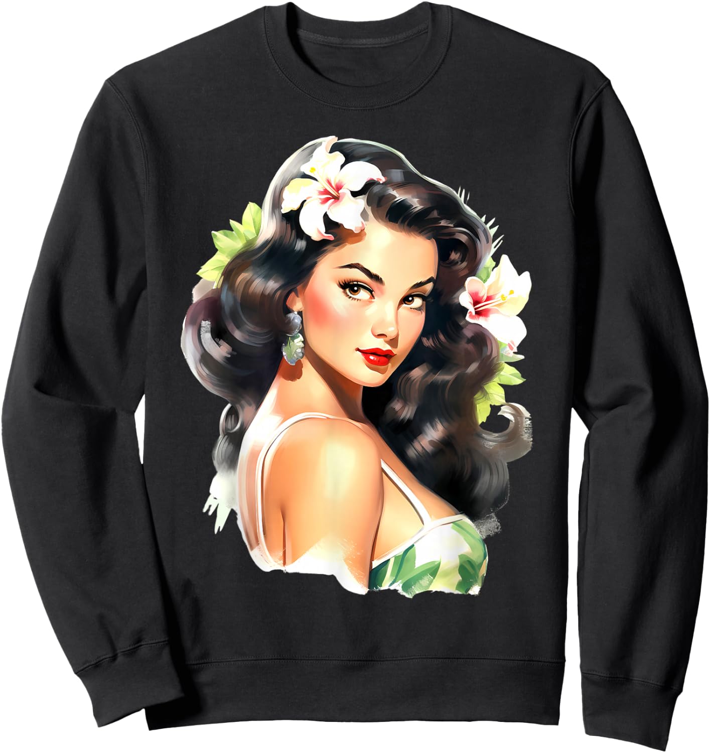 Pretty Hawaiian Pin-Up Girl Sweatshirt - Sweatshirt | Black