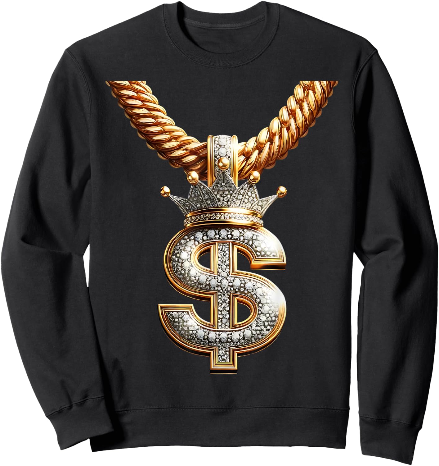 Fancy Gold and Diamond Dollar-Sign Bling Sweatshirt - Sweatshirt | Black