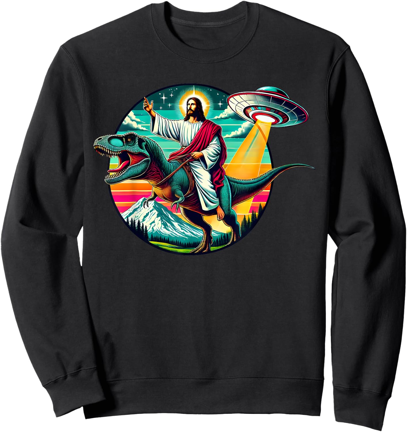Jesus Riding Dinosaur UFO Alien Cross Religious Retro God Sweatshirt - Sweatshirt | Black