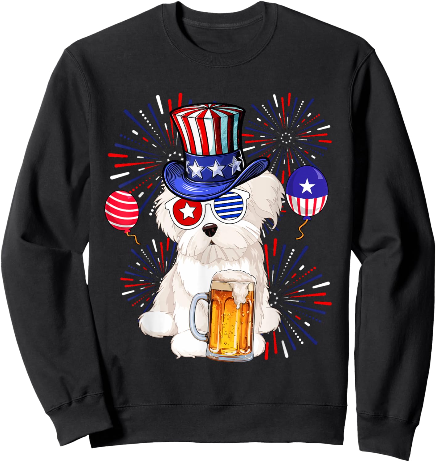 Maltese Sunglasses Drinking Beer 4th Of July Owner Lover Sweatshirt - Sweatshirt | Black