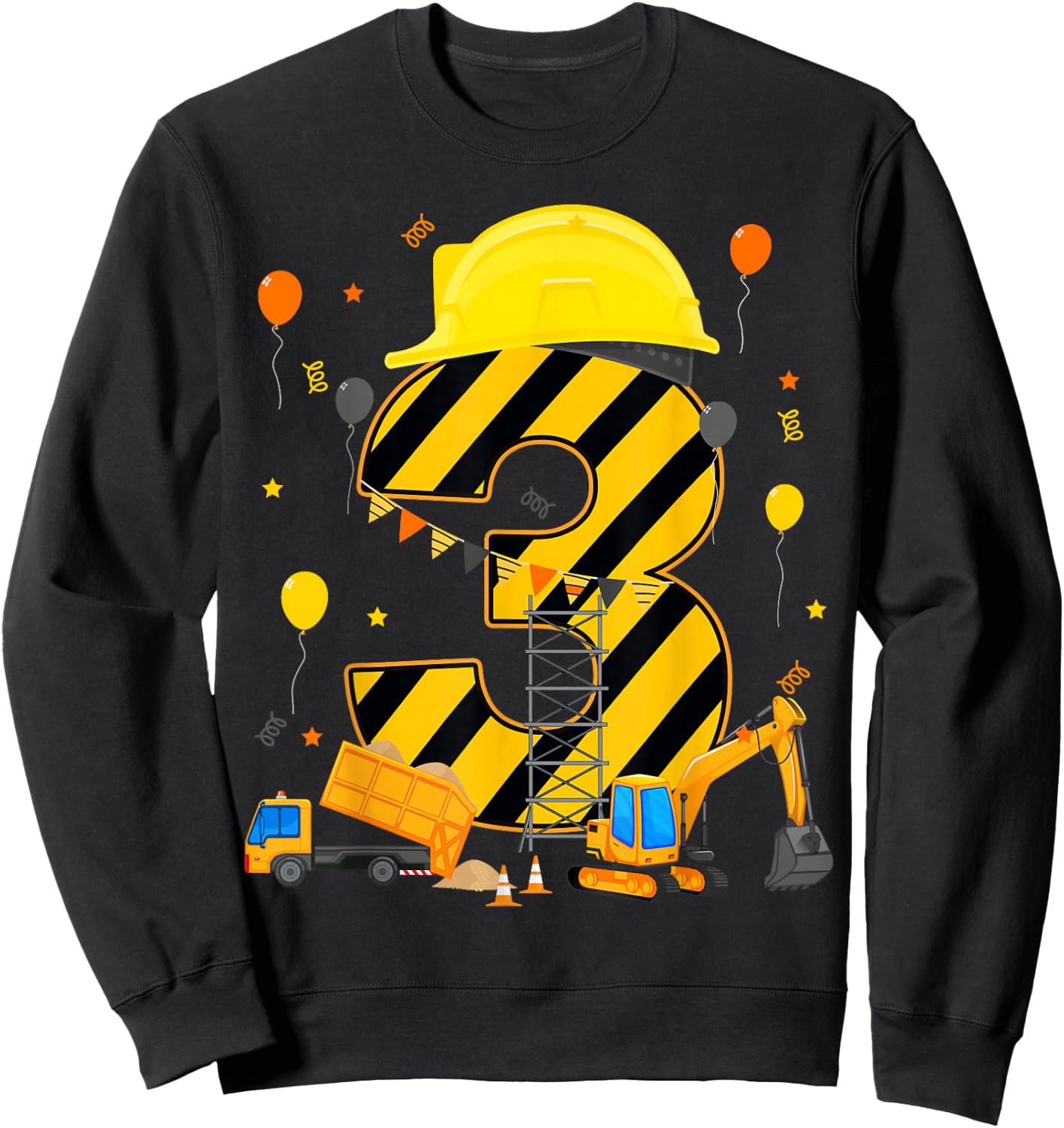 Three 3yr 3rd Birthday Construction Vehicles 3 Year Old Sweatshirt - Sweatshirt | Black