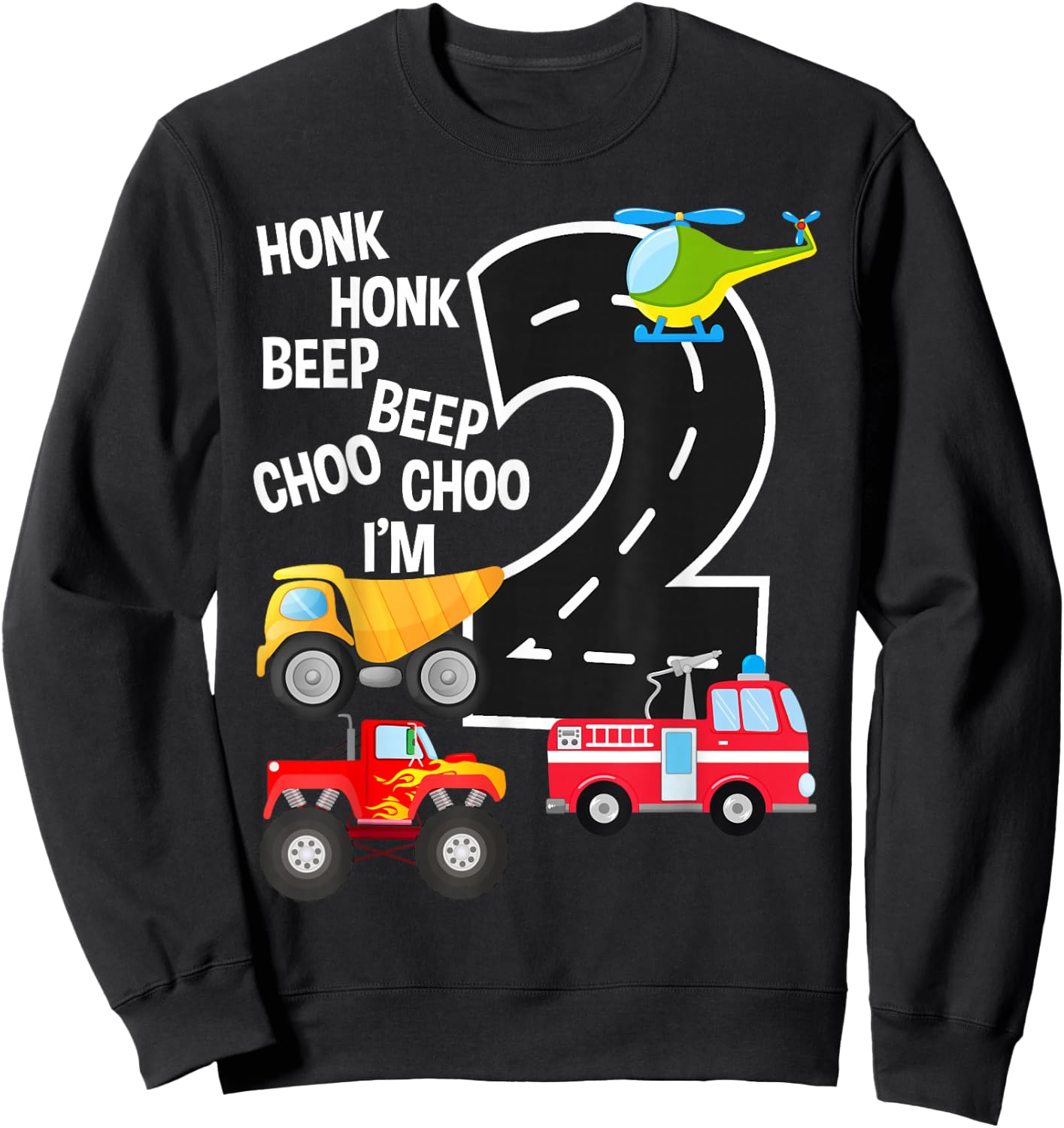 Kids Trucks 2nd Birthday Party Toddler I'm 2 Year Old Bday Sweatshirt - Sweatshirt | Black