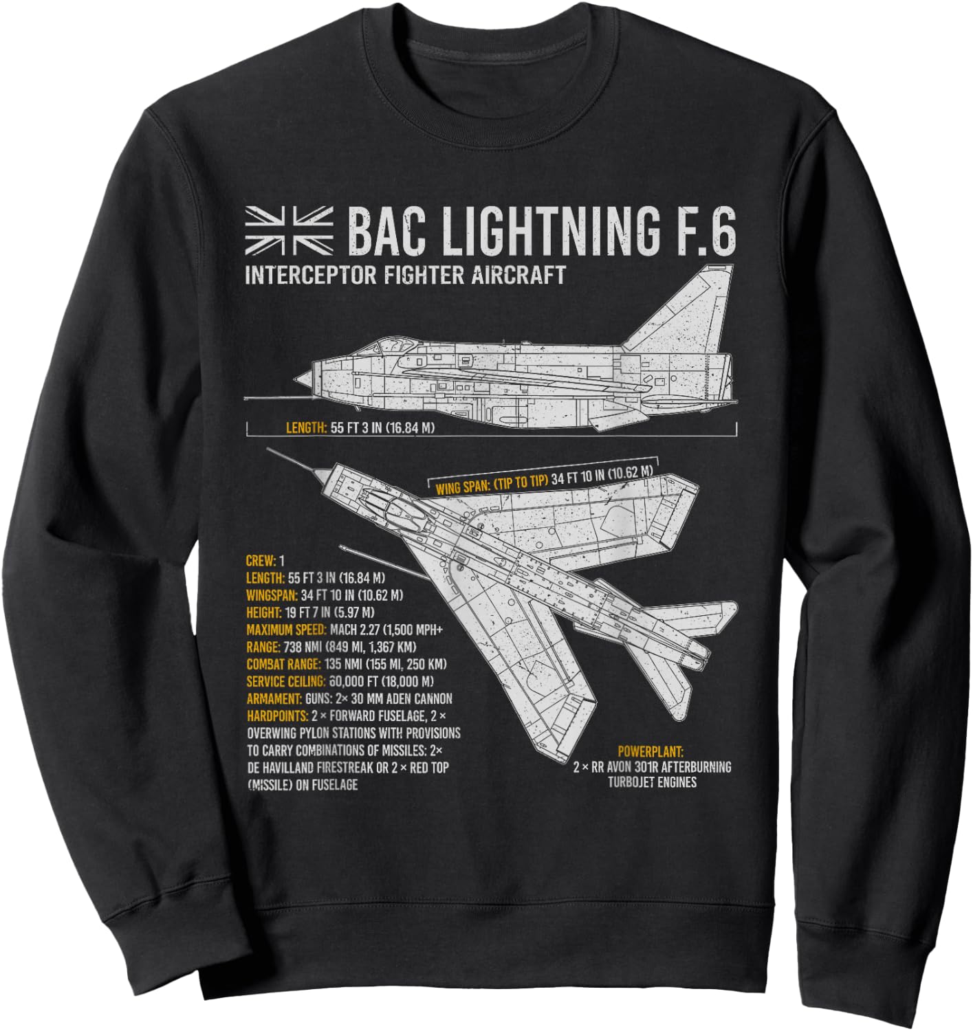 Lightning Aircraft Airplane Plane Blueprint Jet RAF BAC Sweatshirt - Sweatshirt | Black