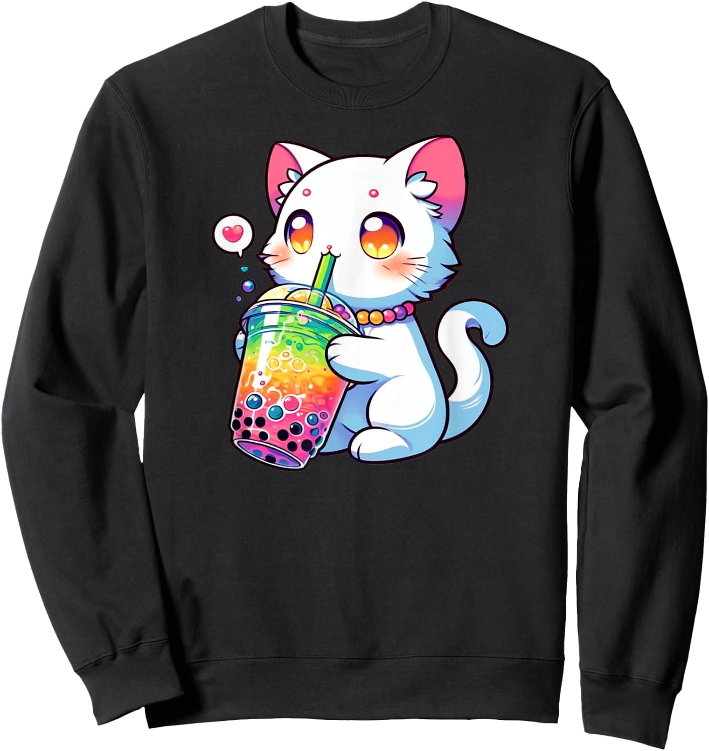Cute Cat Boba Bubble Tea Rainbow Anime Kawaii Neko Fun Sweatshirt - Sweatshirt | Black