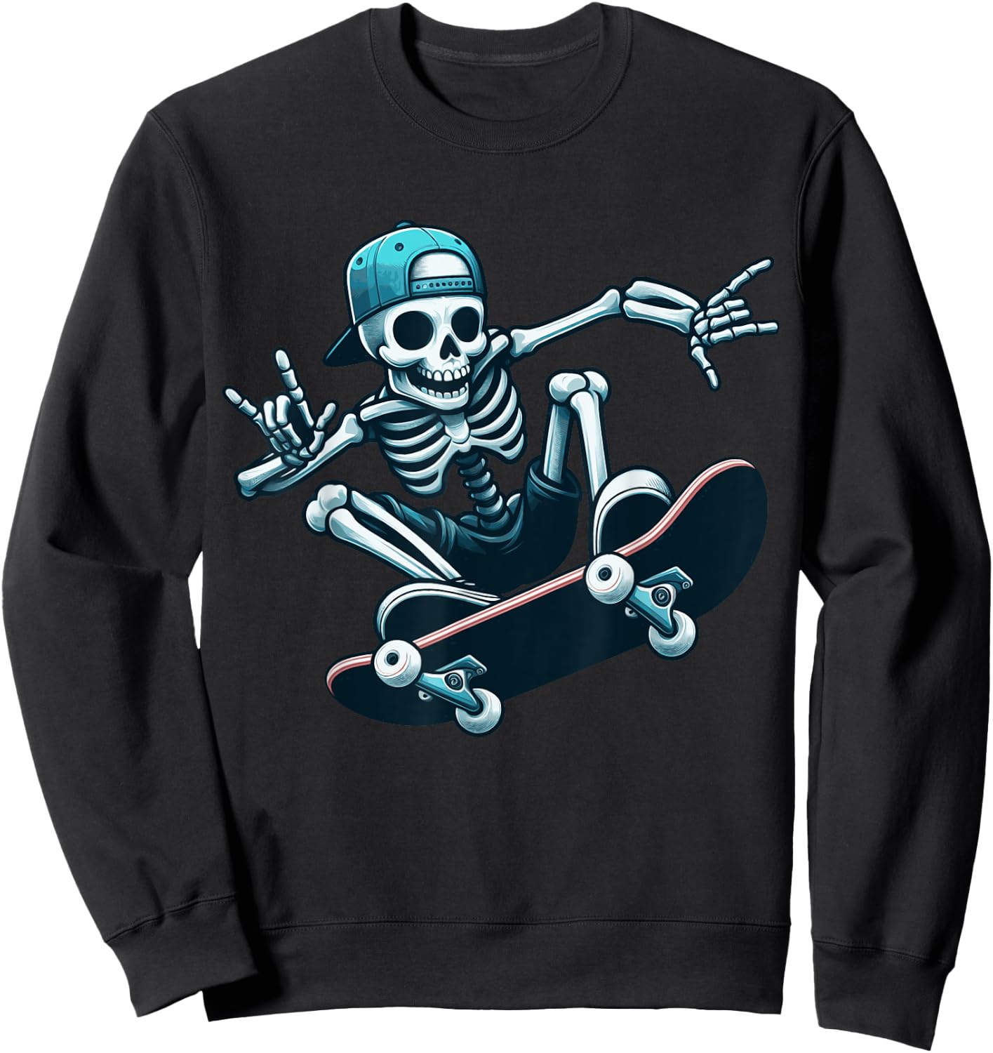 Skeleton Skater Trick Skateboard Skull Action Boney Cool Art Sweatshirt - Sweatshirt | Black