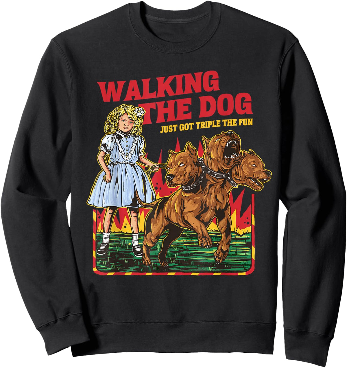 Walking The Dog Cerberus Funny Meme Graphic Vintage Retro Sweatshirt - Sweatshirt | Black