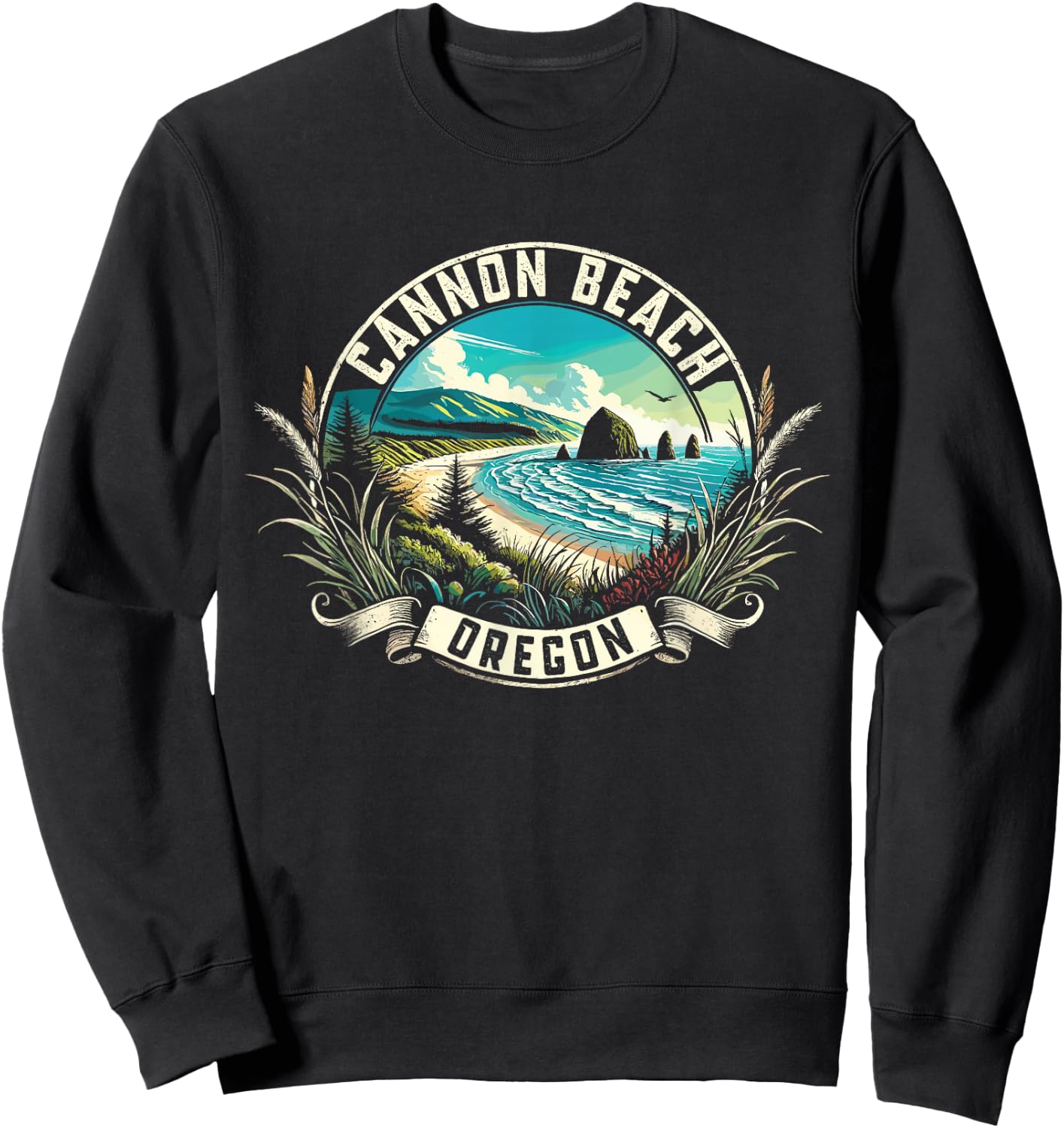 Cannon Beach Watercolor, Cannon Beach Oregon, Cannon Beach Sweatshirt - Sweatshirt | Black