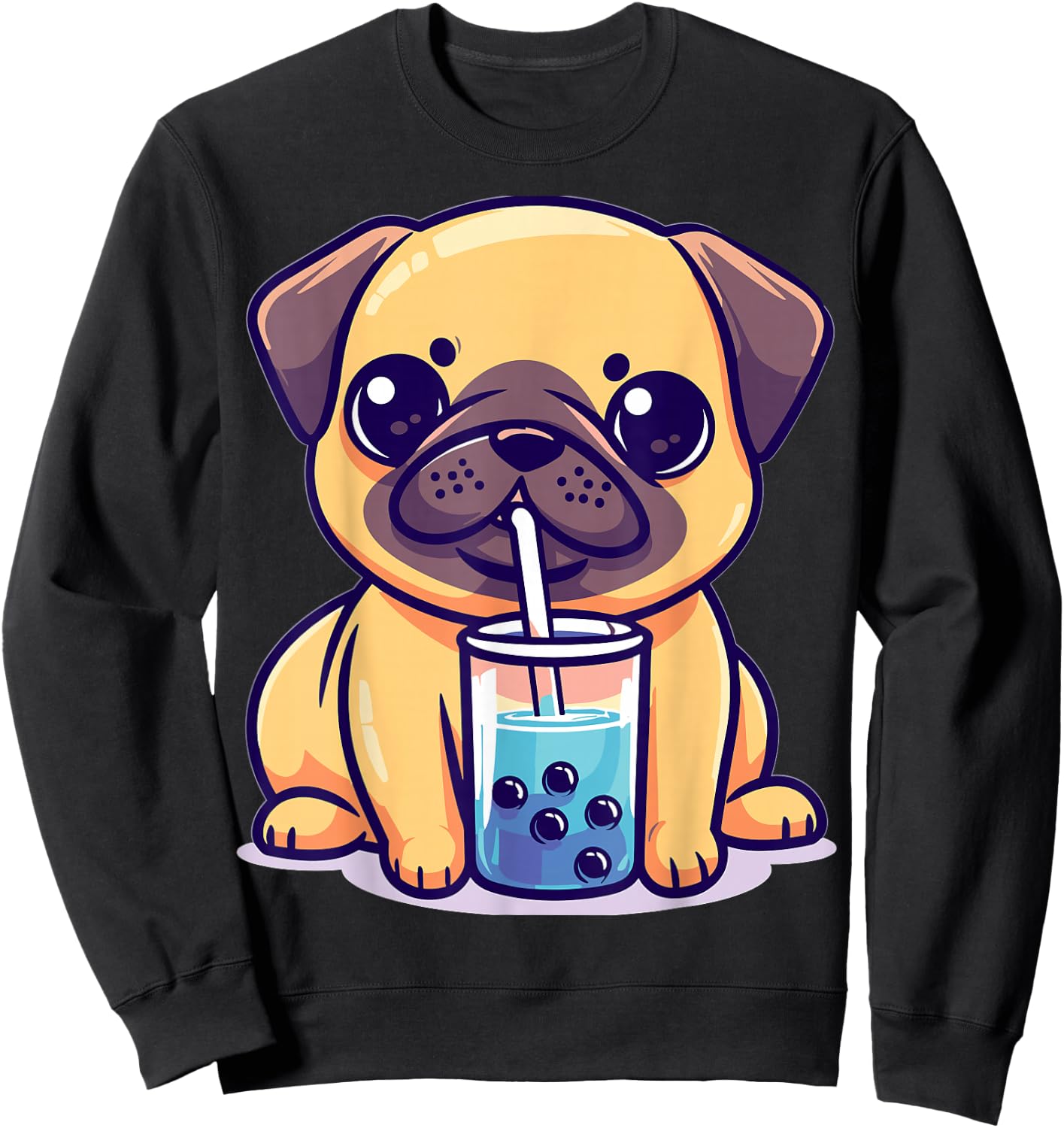 Kawaii Pug Puggy Dog Drinking Bubble Tea Boba Anime Sweatshirt - Sweatshirt | Black
