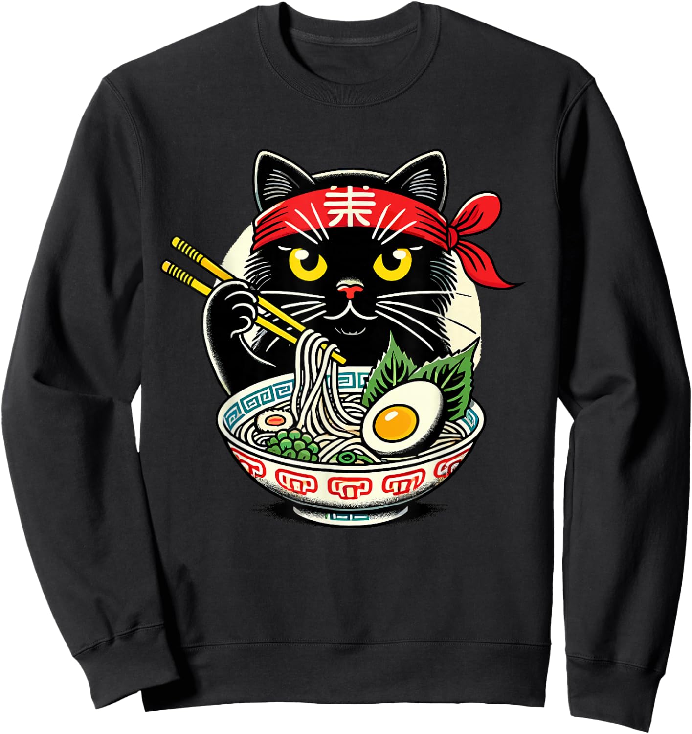 Cat Eating Ramen Noodles, Japanese Anime & Kawaii, Black Cat Sweatshirt - Sweatshirt | Black