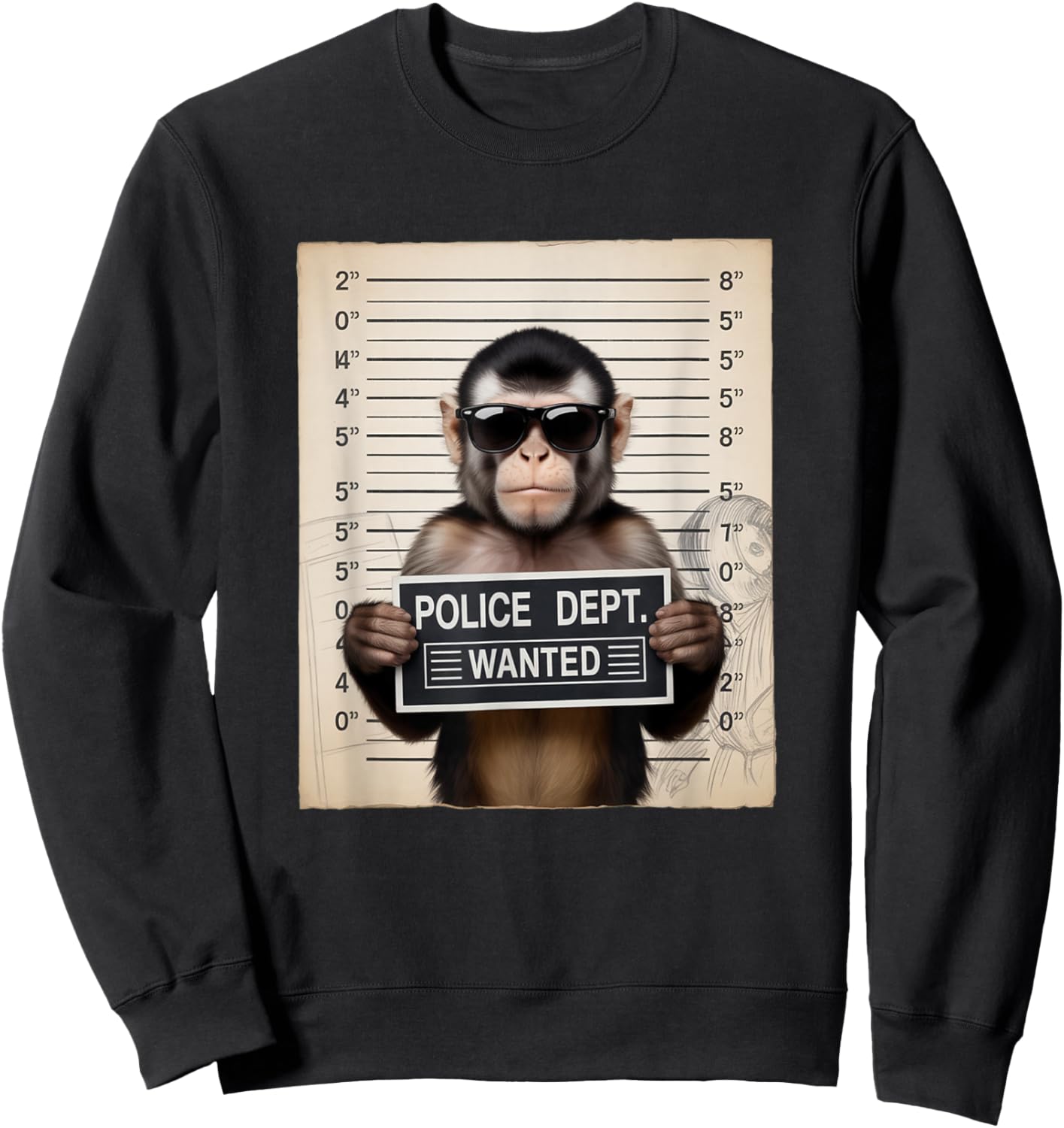 Mugshot Style Art Capuchin Monkey Sunglasses Sweatshirt - Sweatshirt | Black