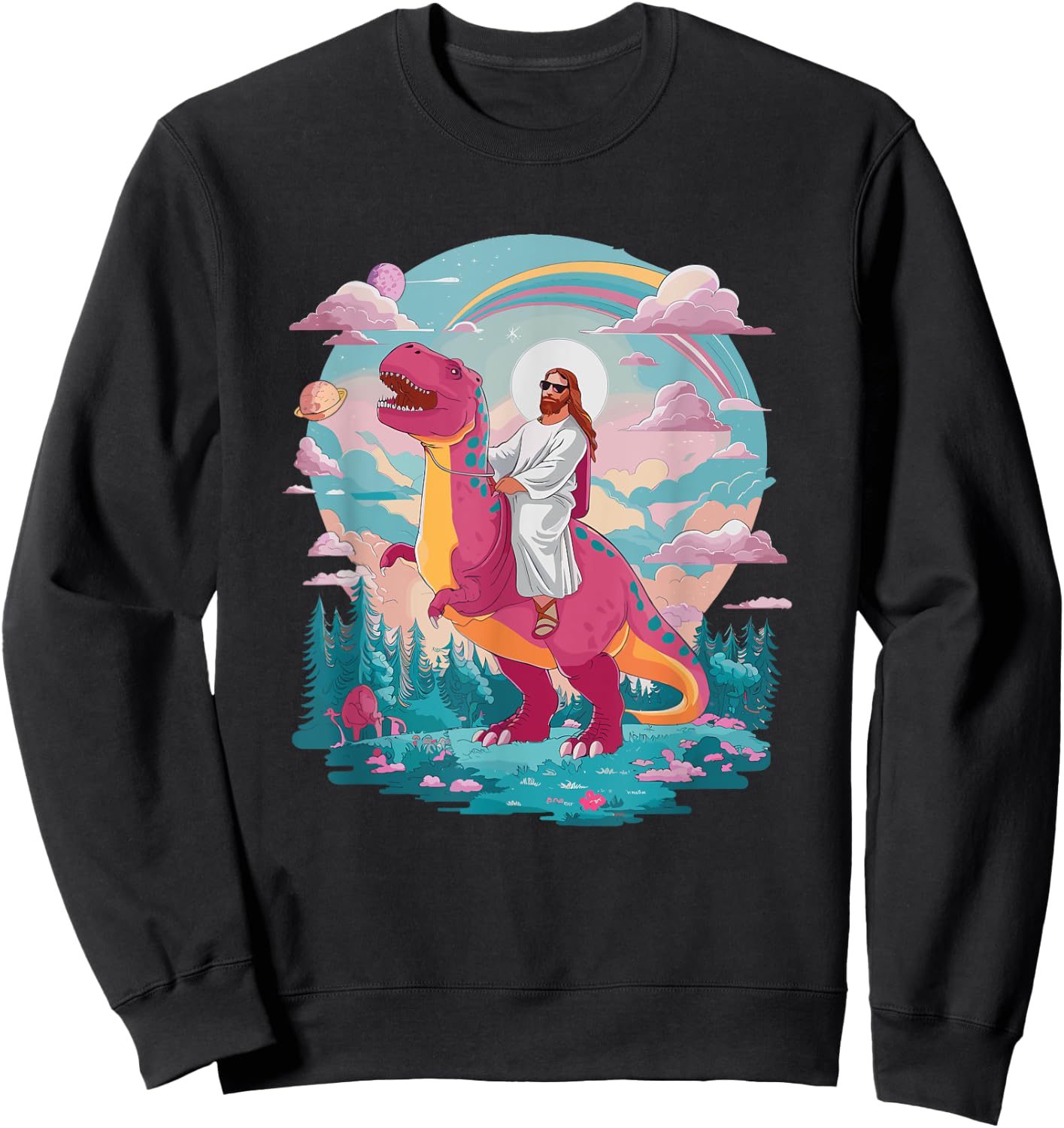 Funny Jesus Riding T-Rex Dinosaur Meme Parody for Believers Sweatshirt - Sweatshirt | Black
