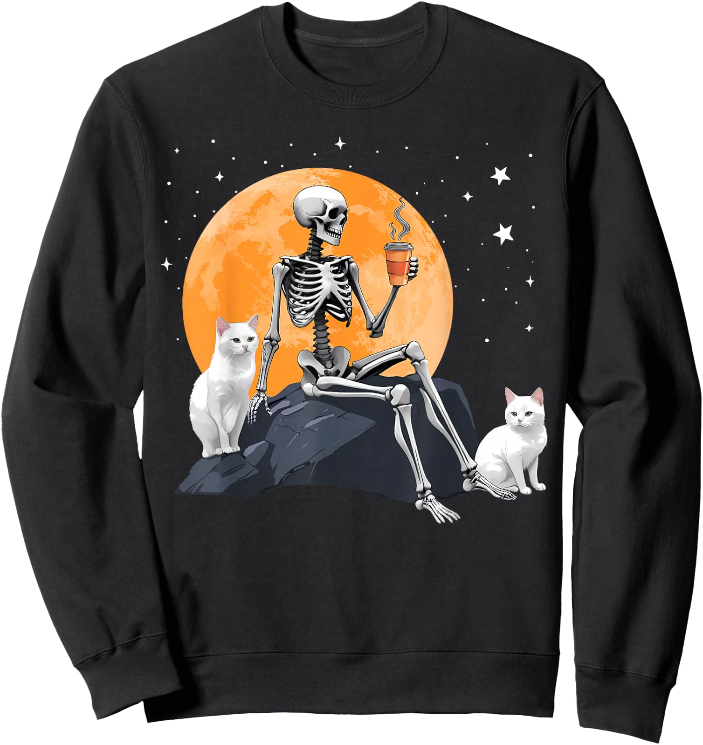 Cute Cat Kitten And Skeleton Drinking Coffee Halloween Sweatshirt - Sweatshirt | Black
