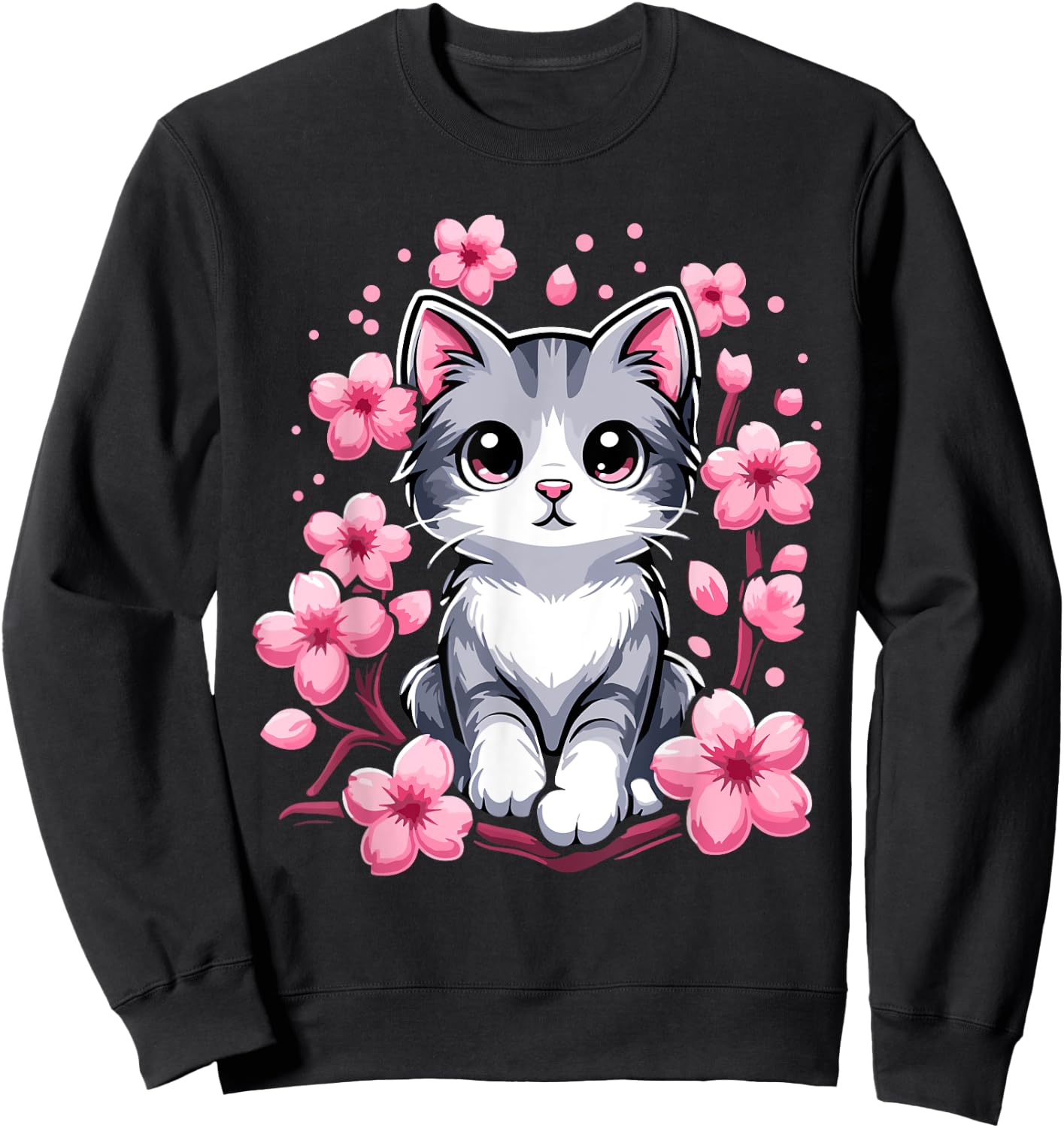 Cute Cherry Blossom Cat Kitten Men Women Girls Kids Sweatshirt - Sweatshirt | Black
