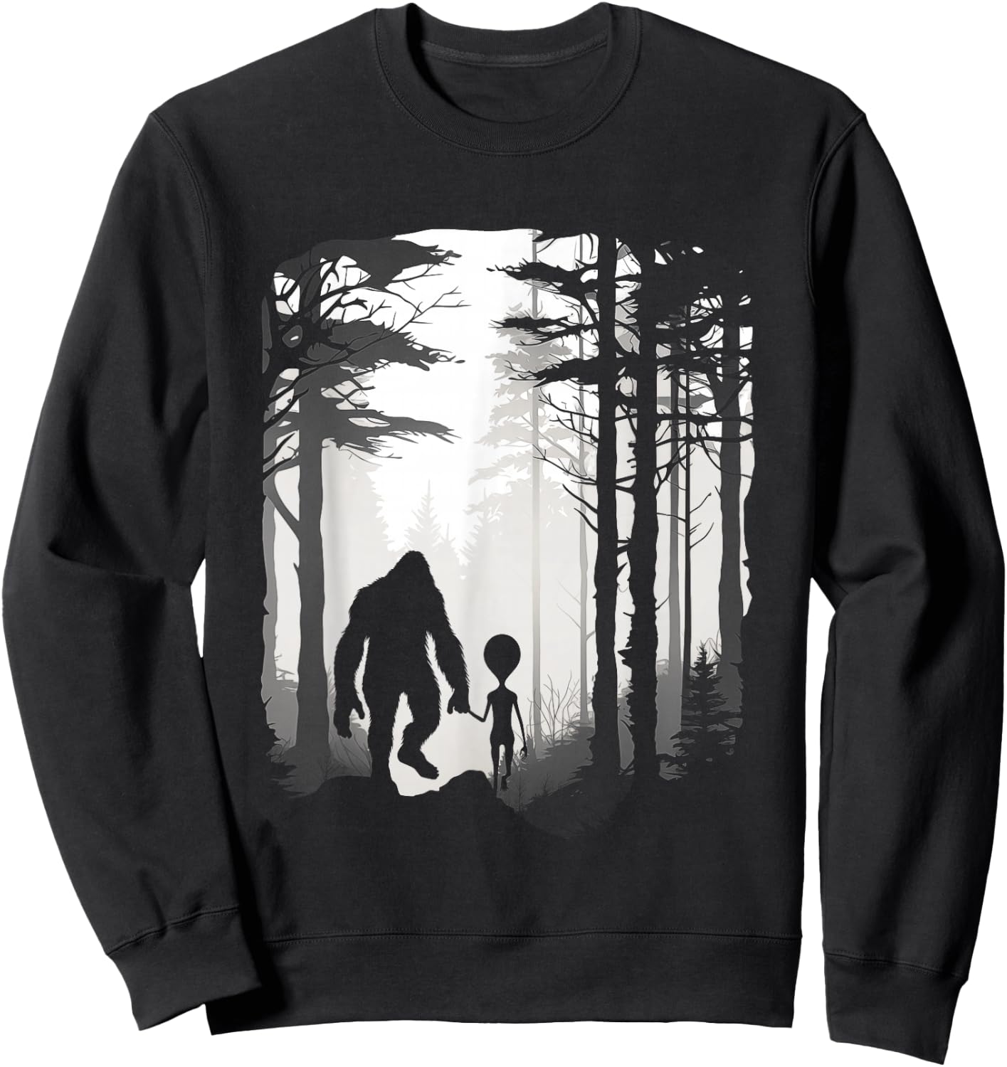 Funny Bigfoot Alien Holding Hands Foggy Forest Walk Sweatshirt - Sweatshirt | Black