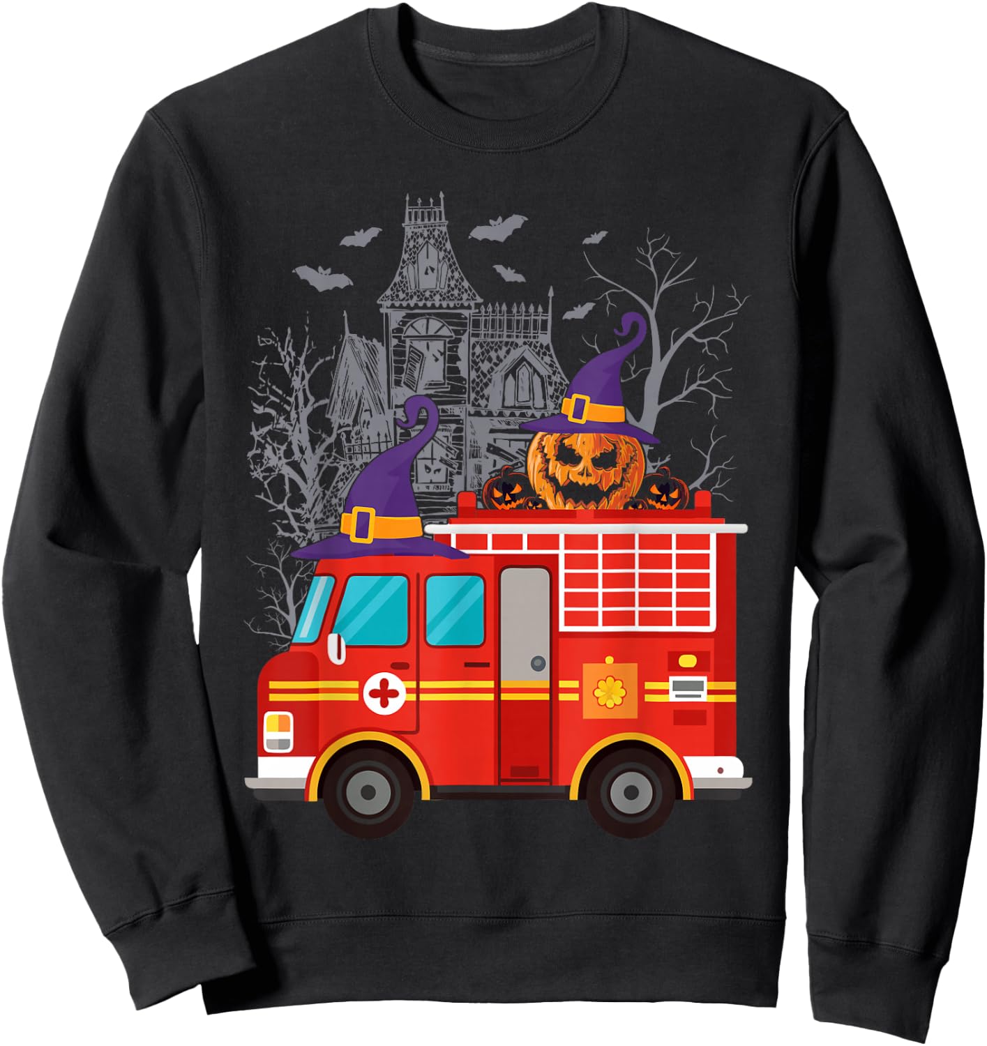 Kids Firetruck Pumpkin Firefighter Toddler Boys Halloween Sweatshirt - Sweatshirt | Black