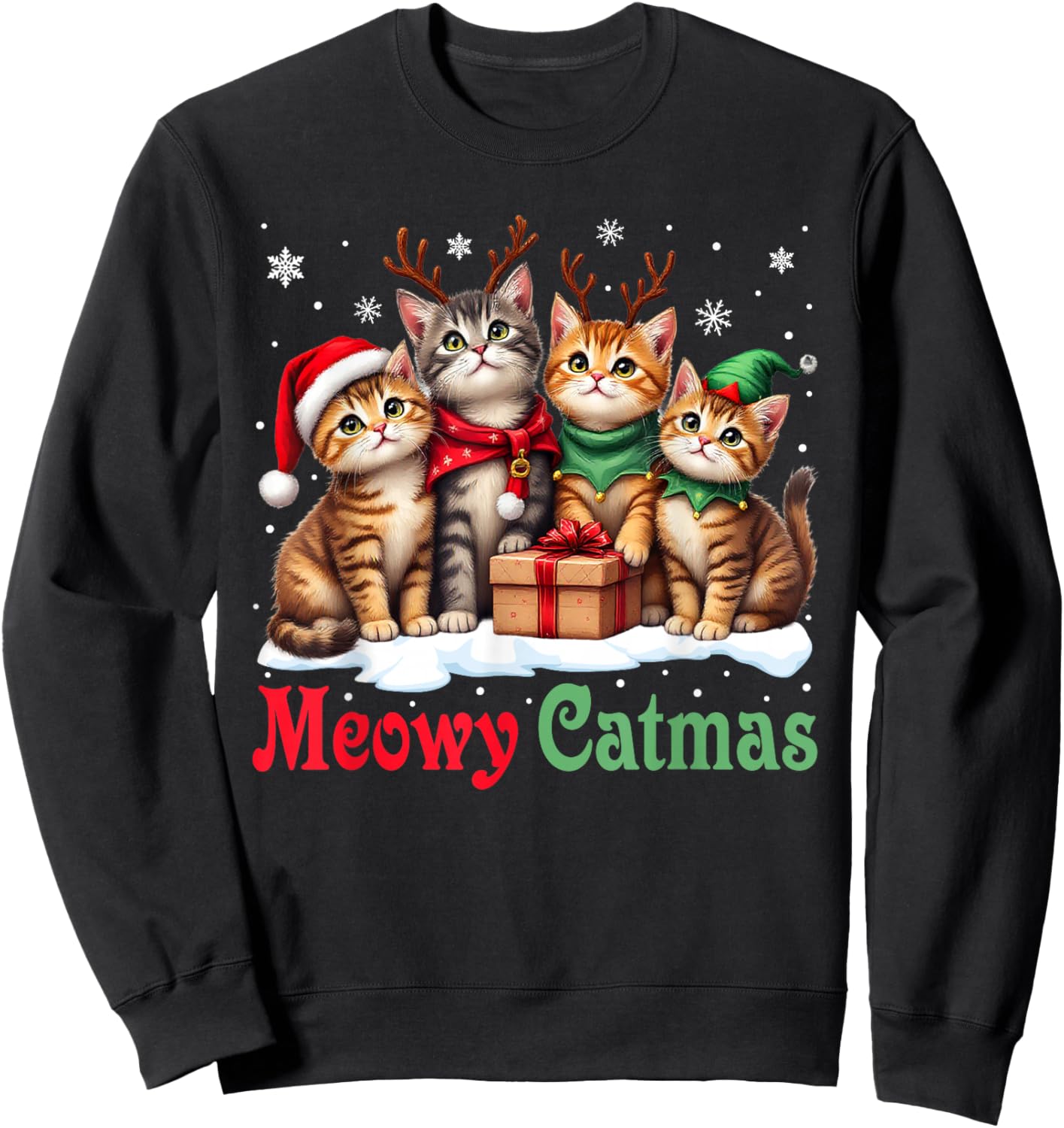 Cat Christmas Pajamas Men Women Boys Girls Meowy Catmas Sweatshirt - Sweatshirt | Black