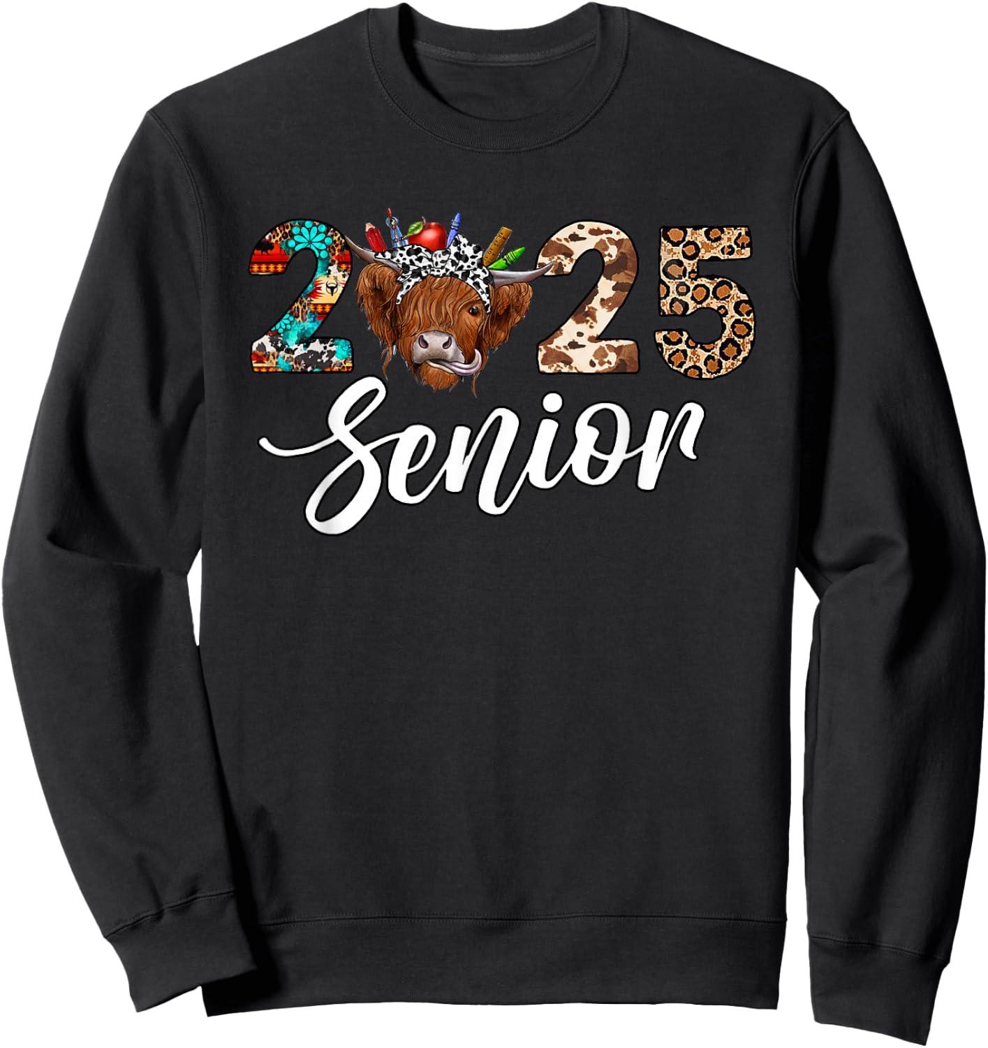 Senior 2025 Highland Cow Western Themed Back To School Sweatshirt - Sweatshirt | Black