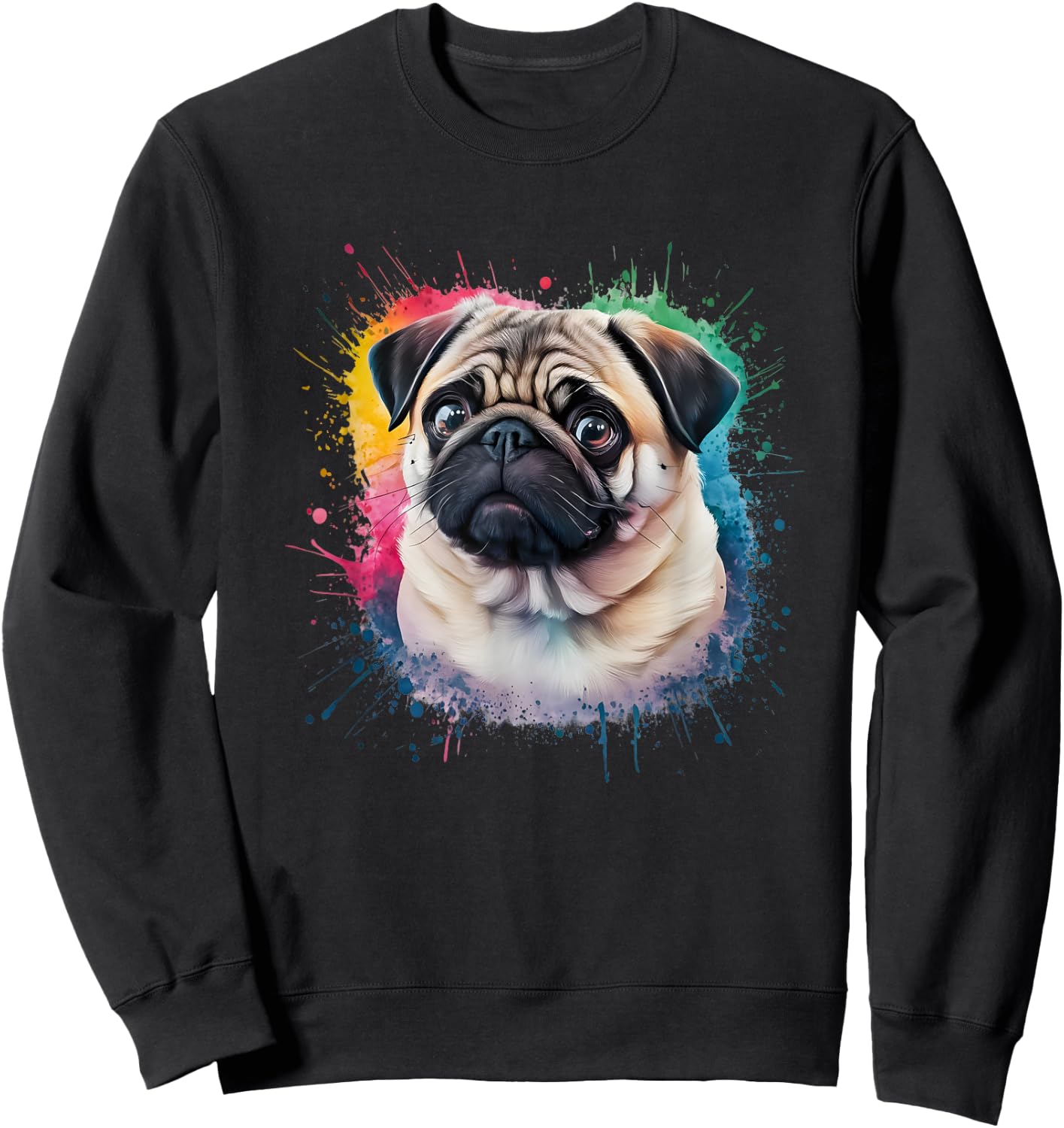 Men Woman Colorful Watercolor Pug Sweatshirt - Sweatshirt | Black