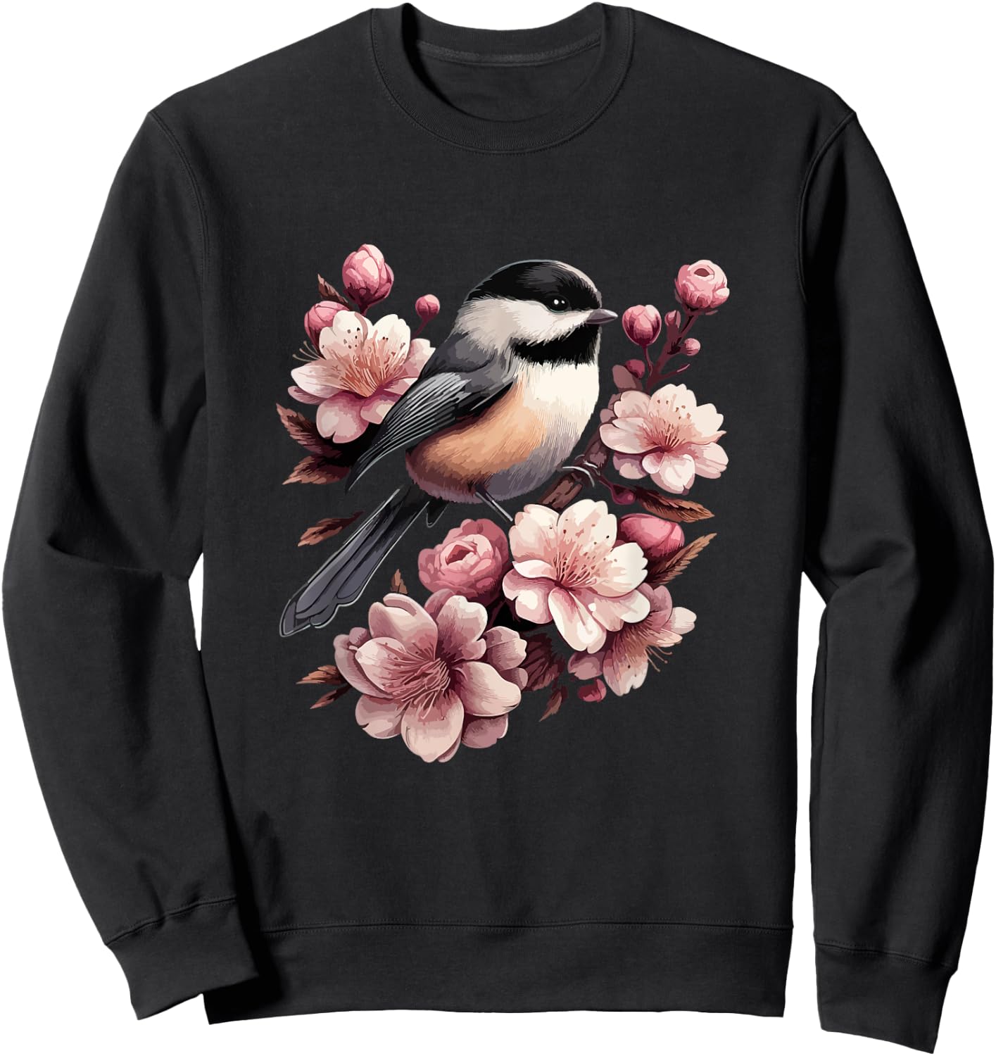 Chickadee Blossom Spring Birdwatching Bird Lover Cute Sweatshirt - Sweatshirt | Black