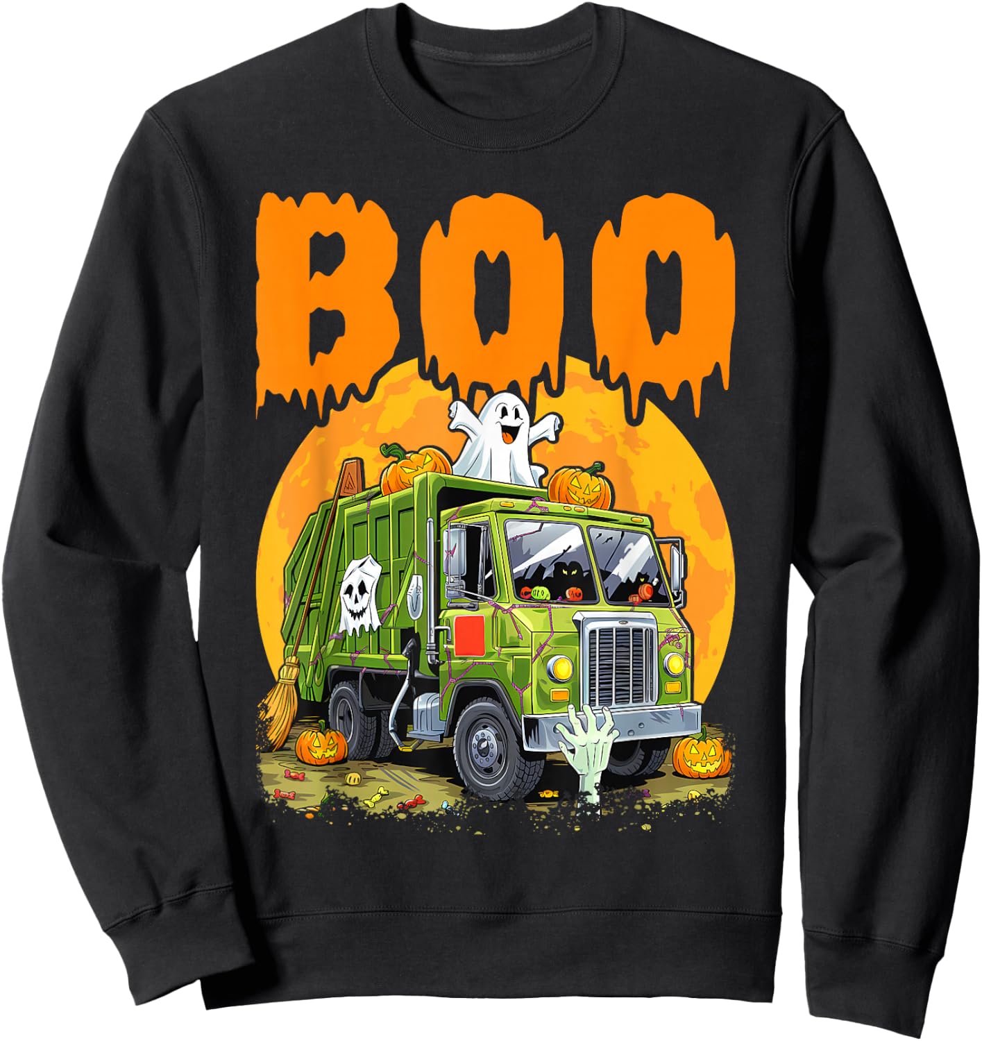 Ghost Driving Garbage Truck With Candy Bag Carved Pumpkin Sweatshirt - Sweatshirt | Black
