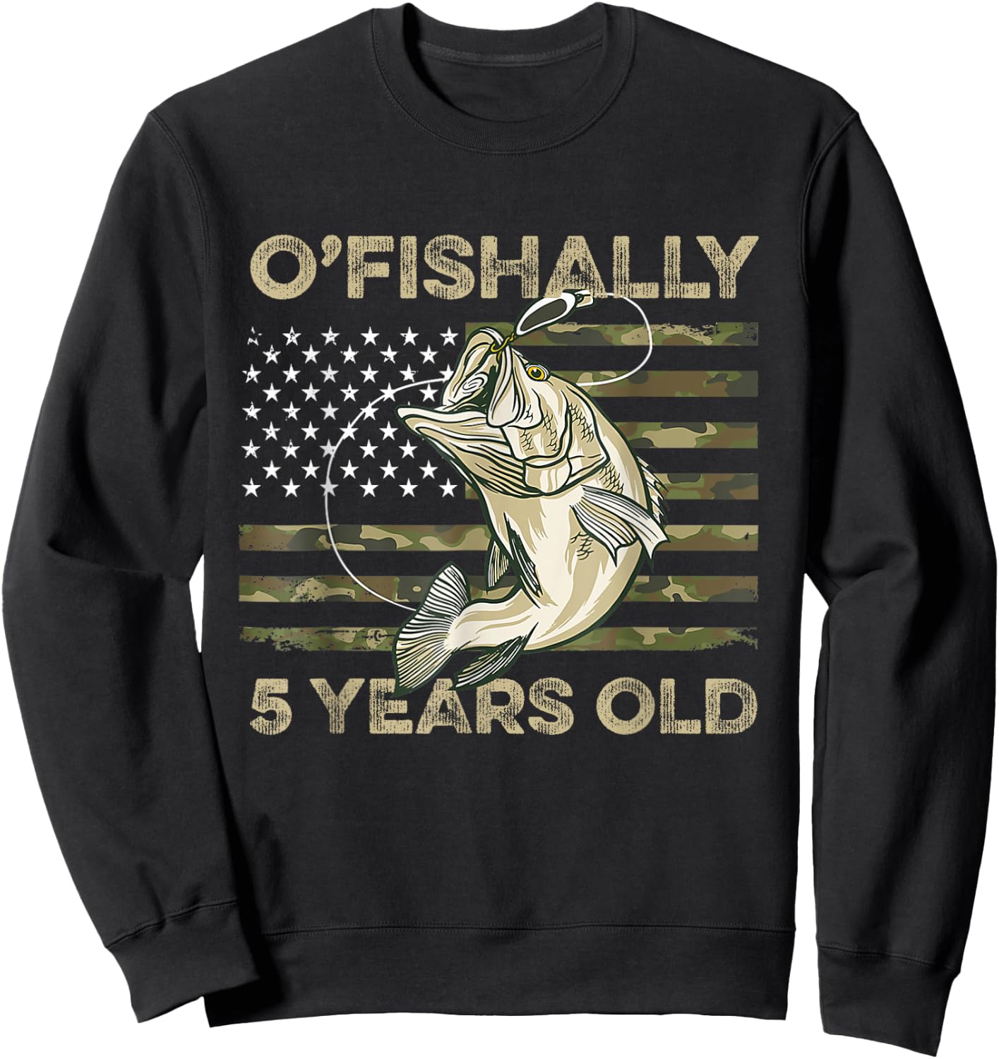 Ofishally 5 Year Old Shirt 5th Birthday US Flag Fishing Sweatshirt - Sweatshirt | Black