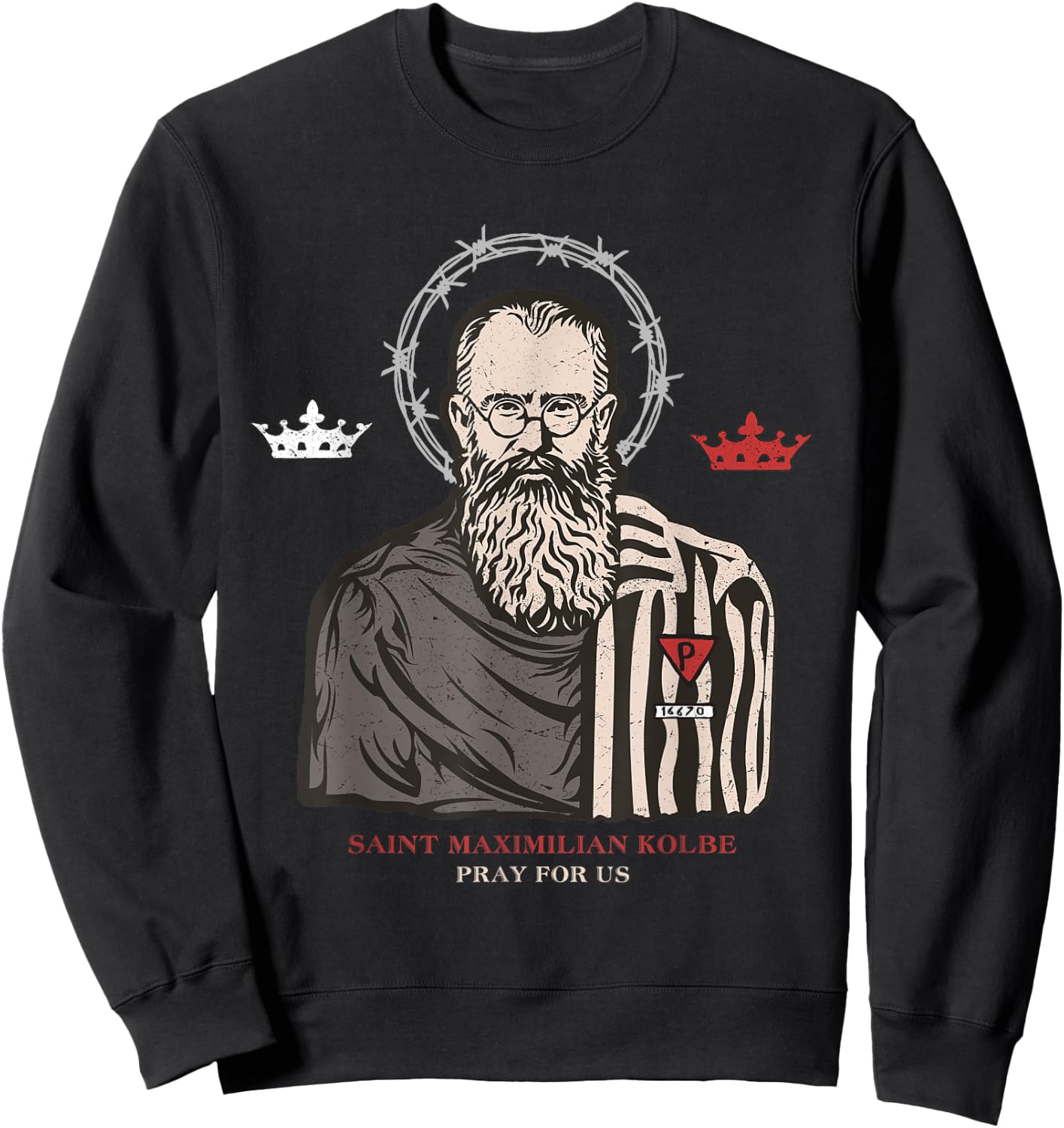 St Maximilian Kolbe Two Crowns Catholic Saint Sweatshirt - Sweatshirt | Black