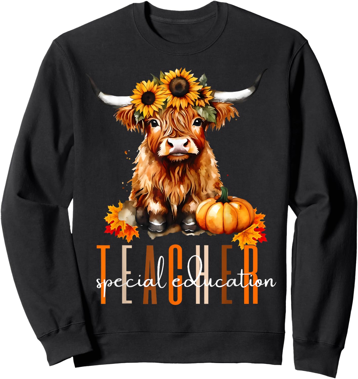 Fall Highland Cow Special Education Teacher Halloween Autumn Women Sweatshirt - Sweatshirt | Black