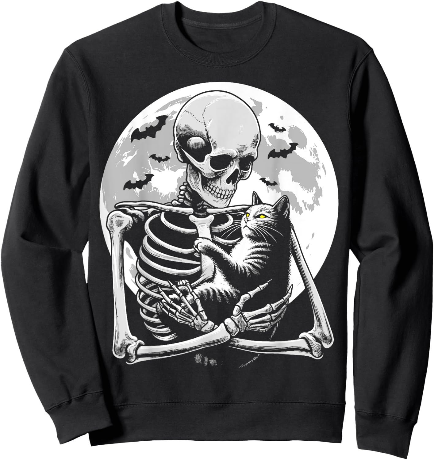 Cat skeleton Halloween skull skeleton holding cat Kitty moon Men Women Kids Sweatshirt - Sweatshirt | Black