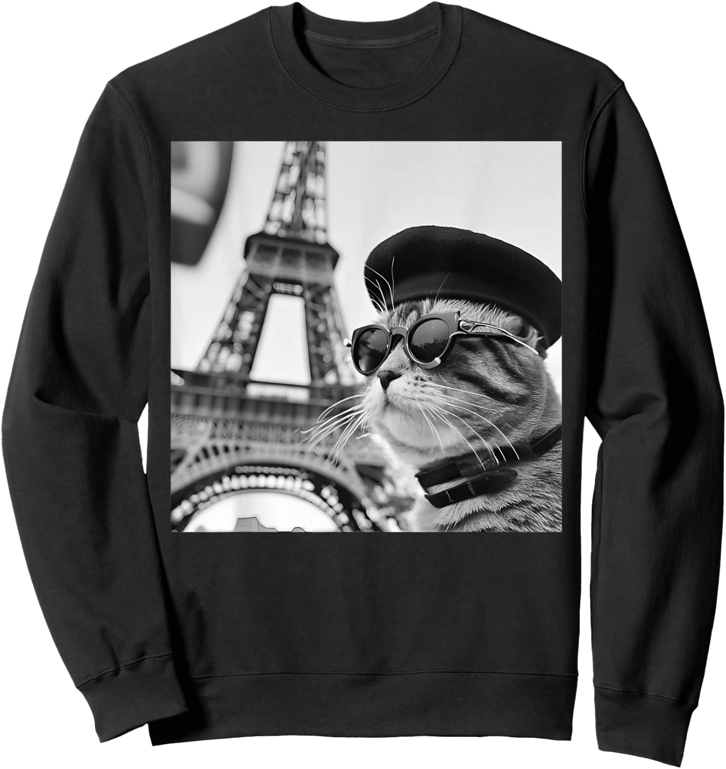Funny Cat Wearing Sunglasses and A Beret At The Eiffel Tower Sweatshirt - Sweatshirt | Black