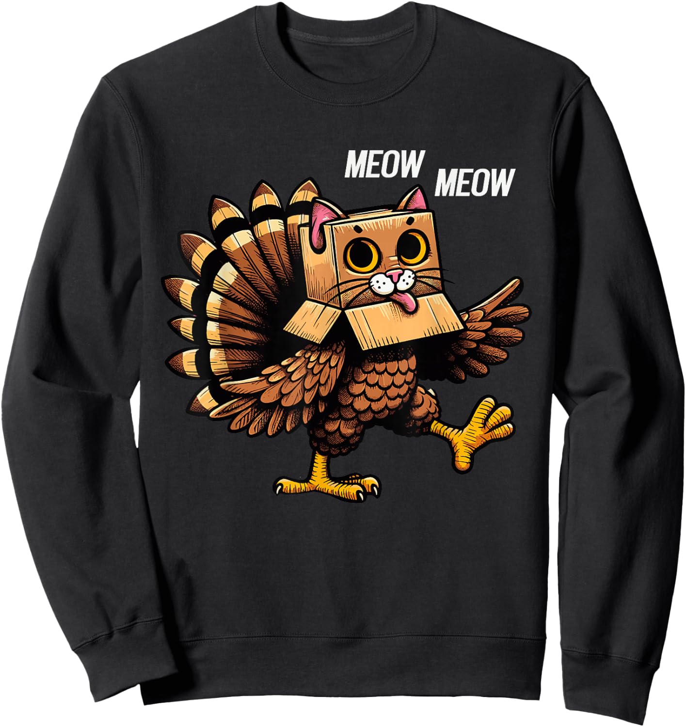 Thanksgiving Cat Meow Funny Men Women Thanksgiving Sweatshirt - Sweatshirt | Black