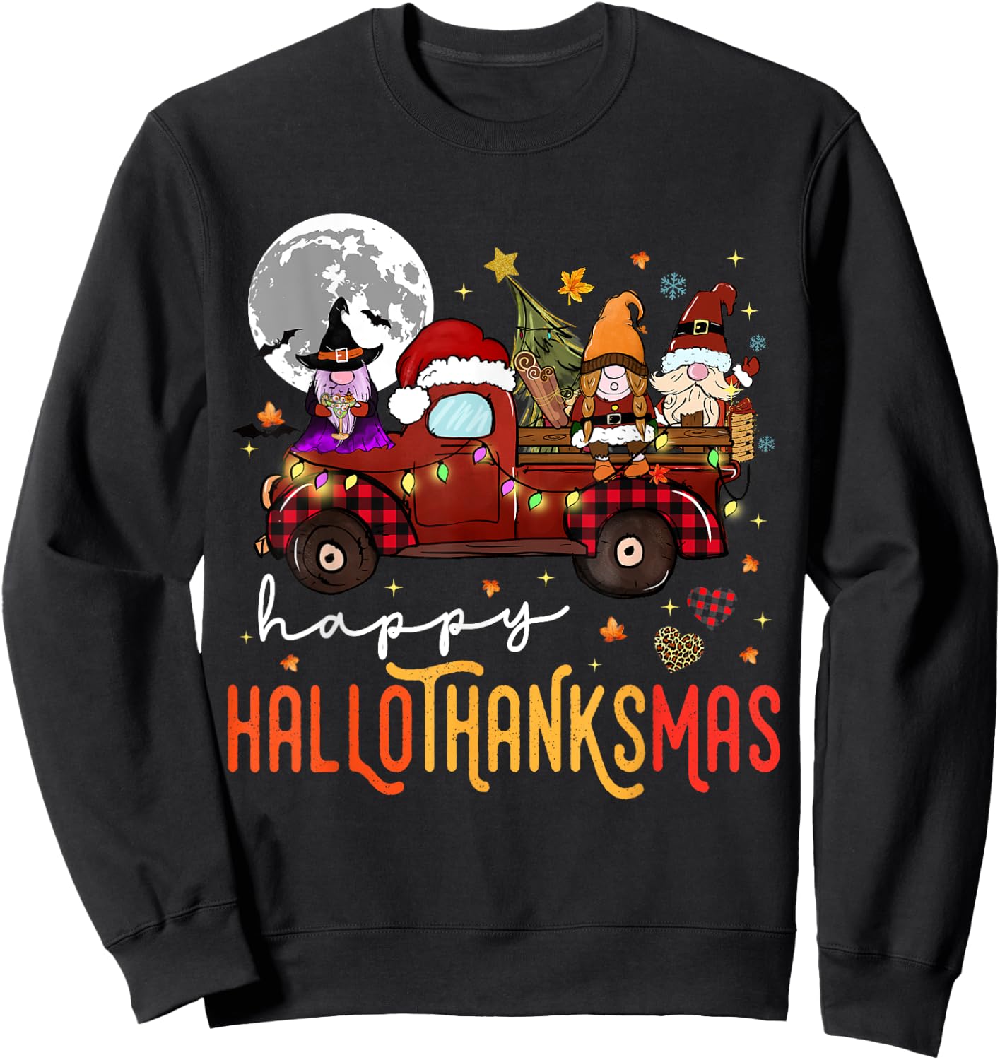 Funny Hallowthanksmas Gnome Christmas Sweatshirt - Sweatshirt | Black