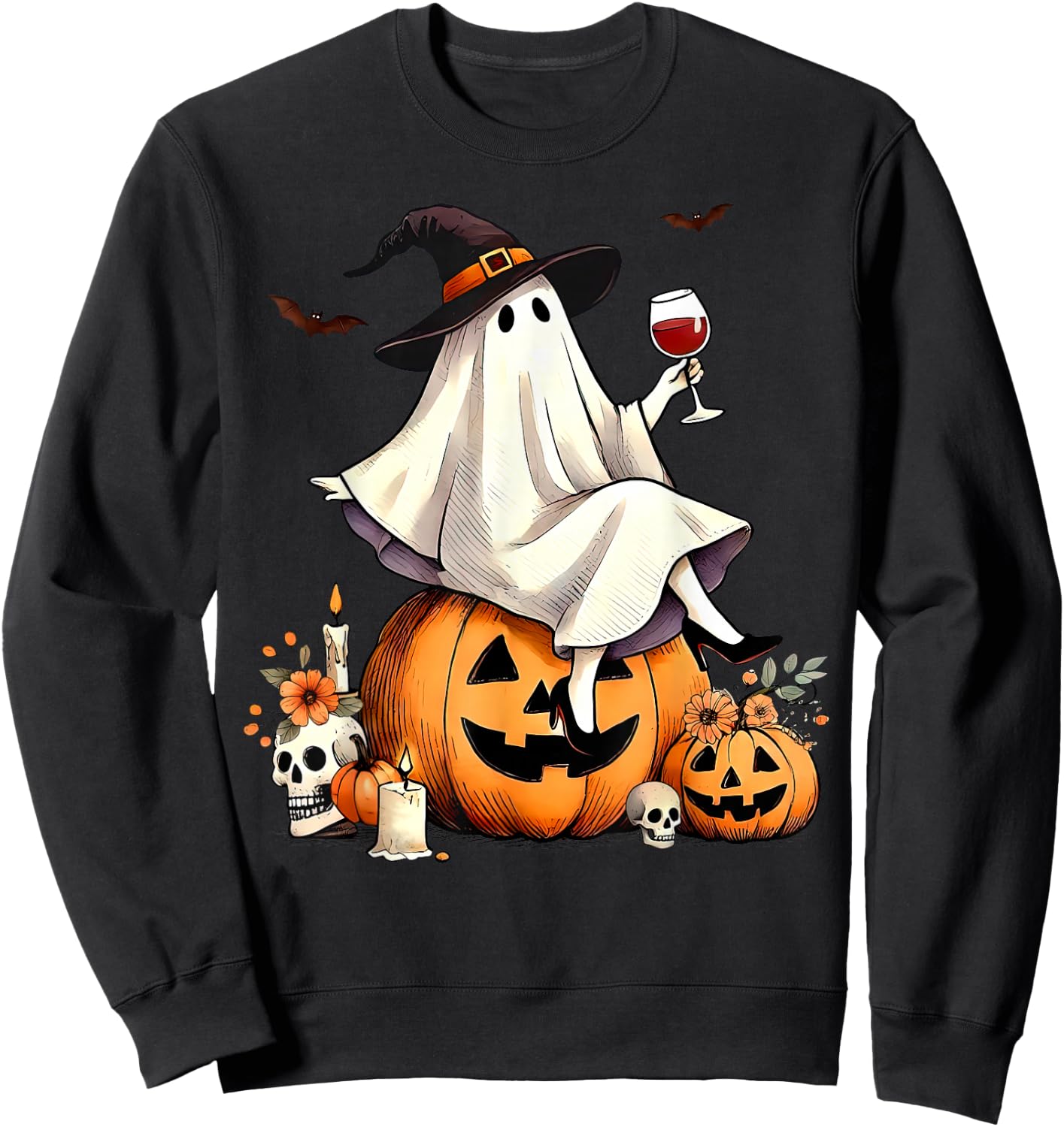 Witch Ghost Wine Drinking Pumpkin Halloween Spooky Season Sweatshirt - Sweatshirt | Black