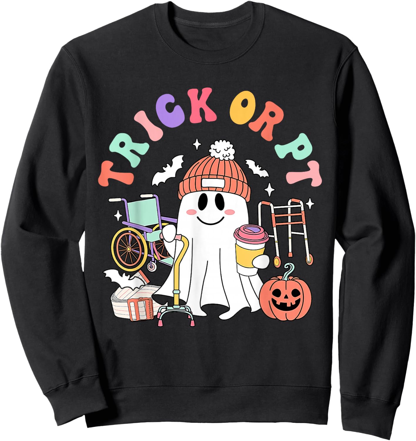 Retro Trick Or PT Physical Therapy Boo Ghost PT Halloween Sweatshirt - Sweatshirt | Black