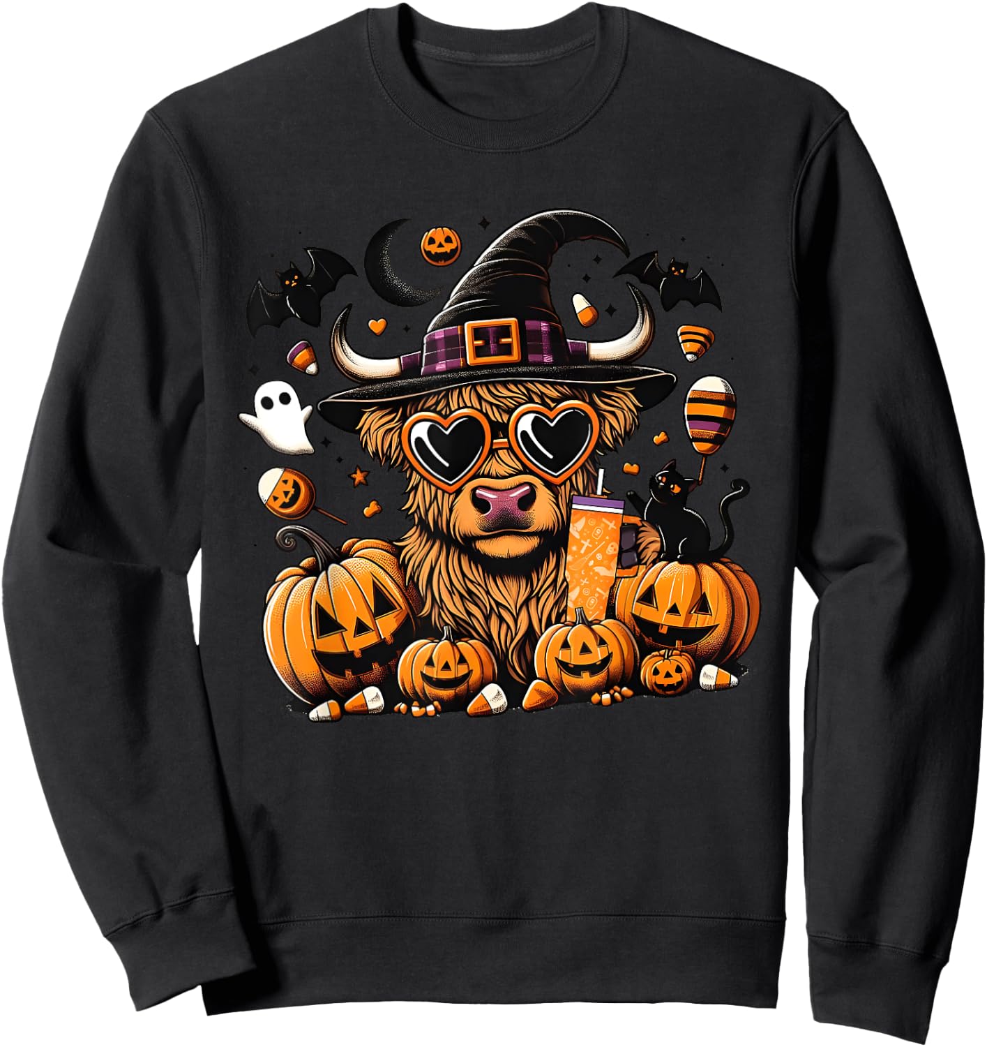 Halloween Highland Cow , Cute Witch Spooky Halloween Cow Sweatshirt - Sweatshirt | Black