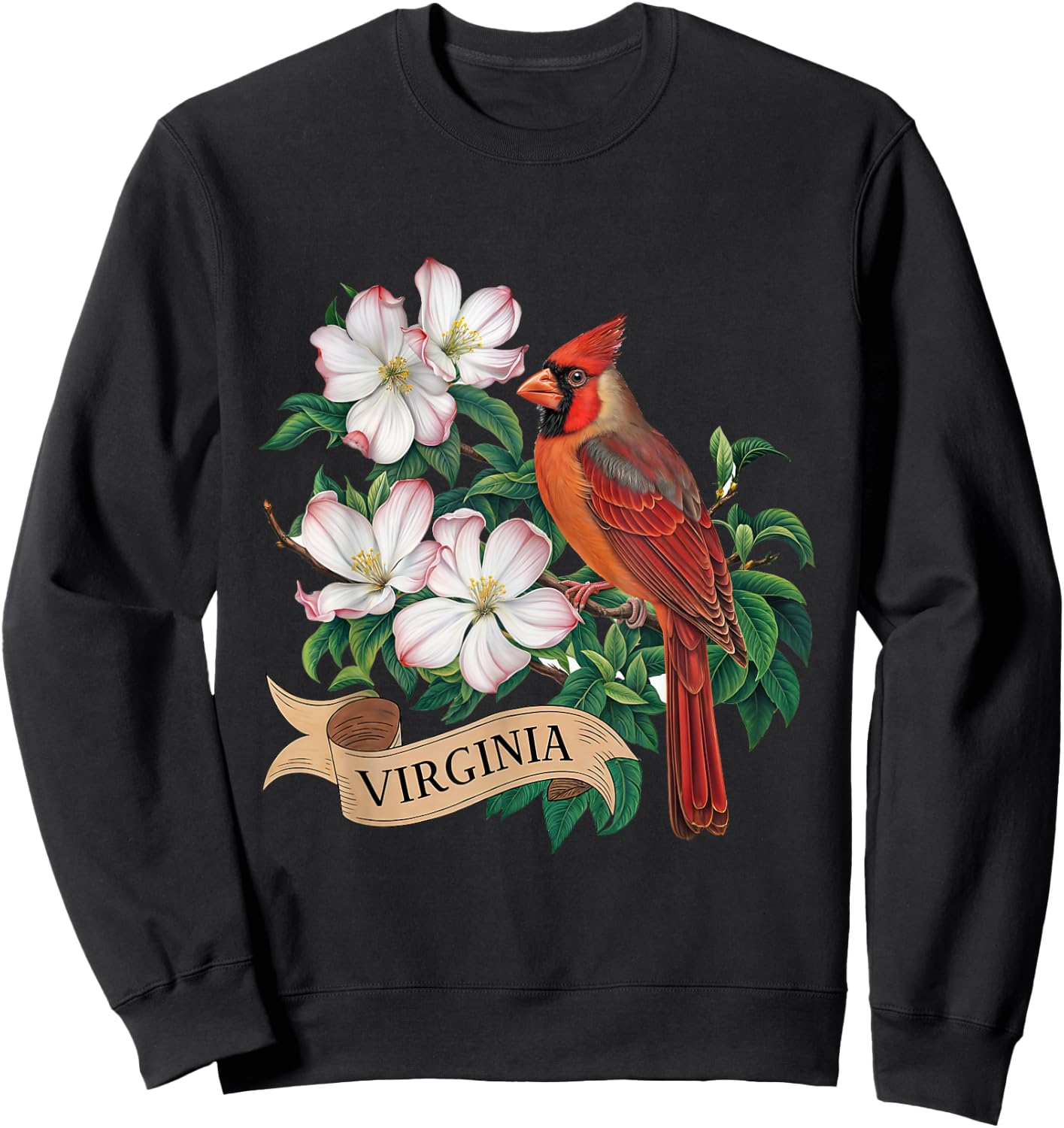 Virginia Cardinal Bird and Flowering Dogwood Flower Sweatshirt - Sweatshirt | Black